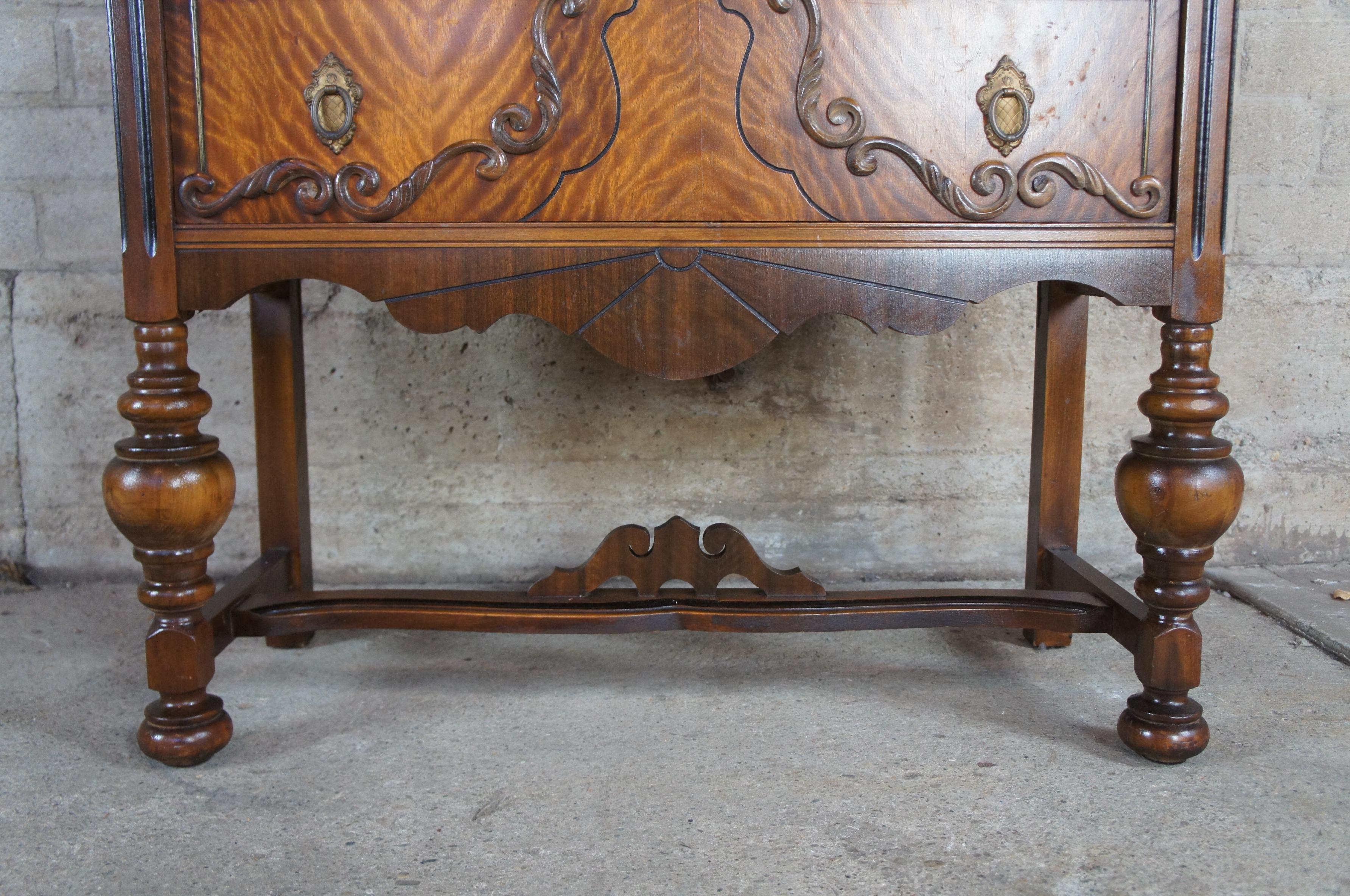Antique Burled Walnut Jacobean Style China Hutch Curio Display Cabinet Cupboard 1
