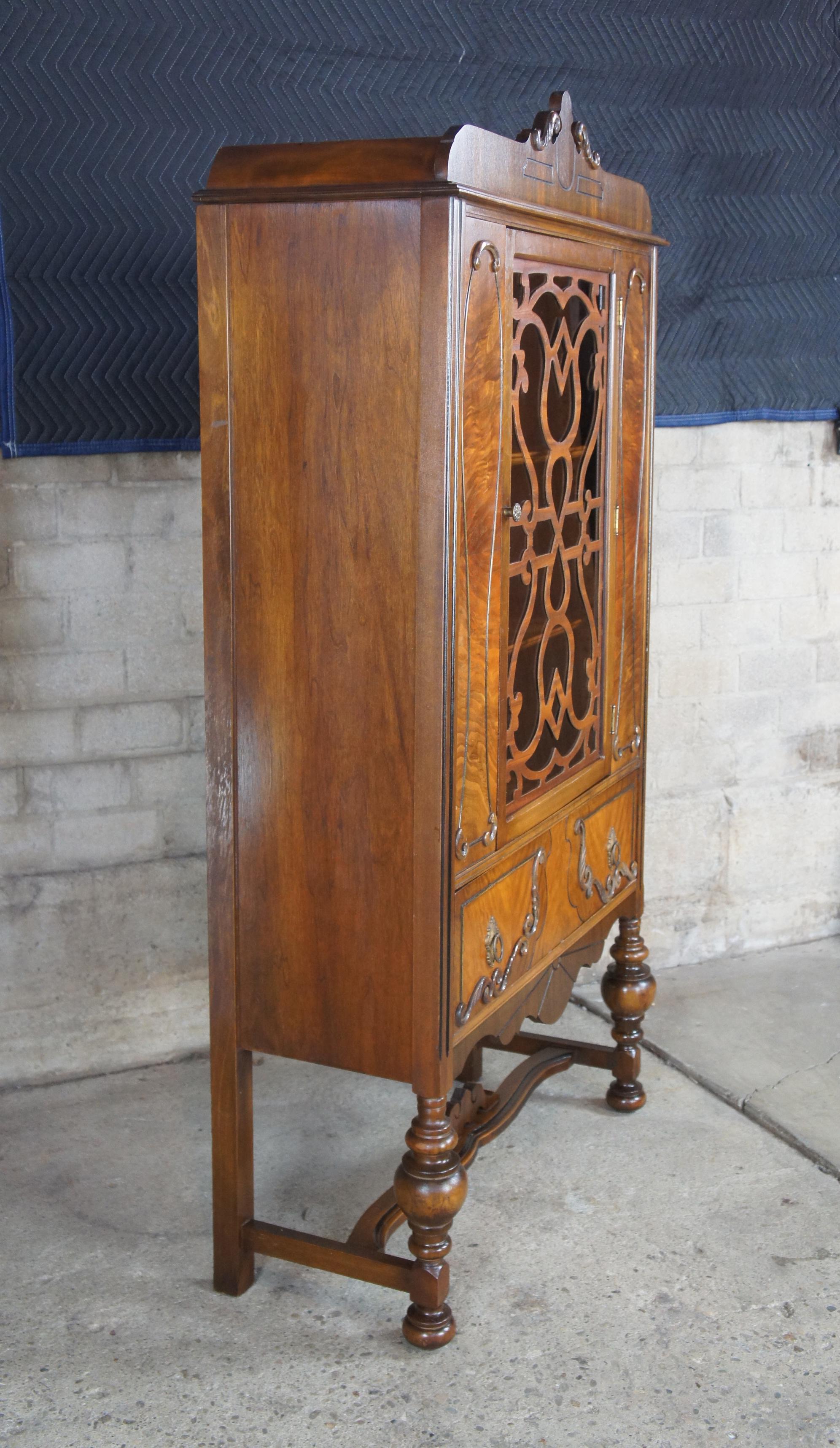 Antique Burled Walnut Jacobean Style China Hutch Curio Display Cabinet Cupboard 2