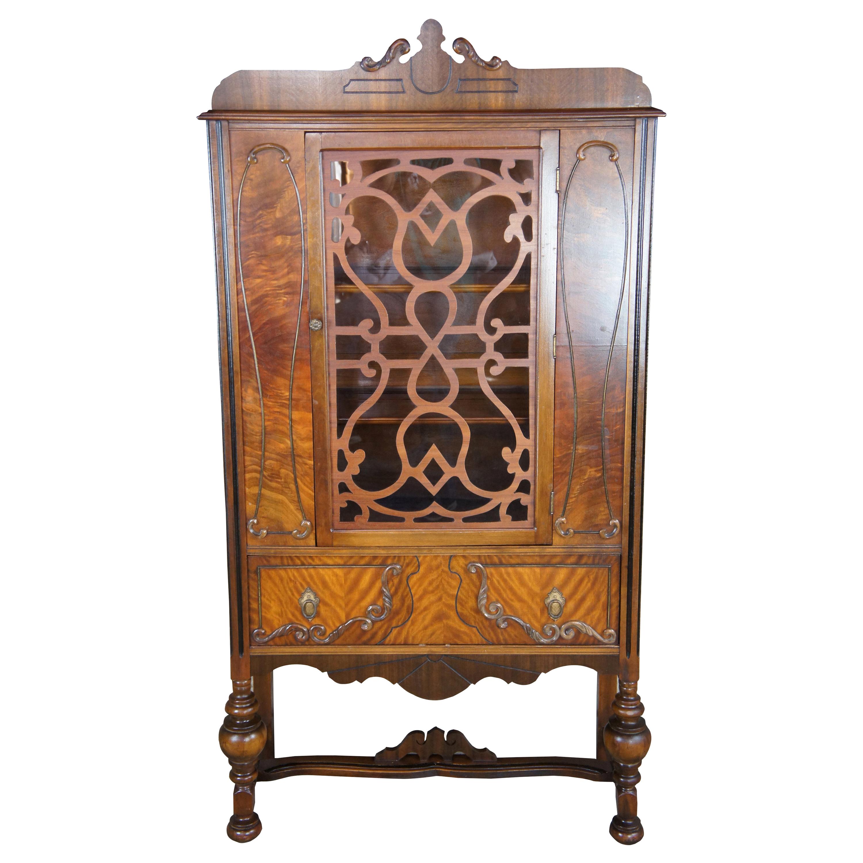Antique Burled Walnut Jacobean Style China Hutch Curio Display Cabinet Cupboard
