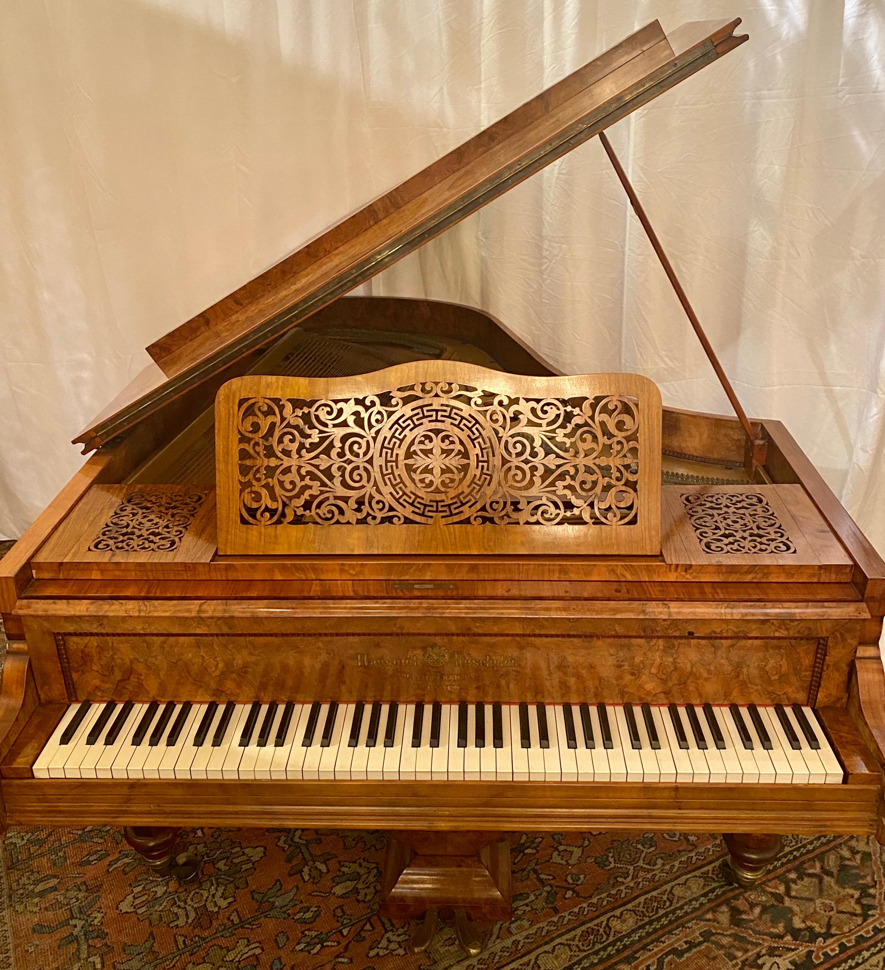 19th Century Antique Burled Walnut Parlor Grand Piano Made by Hagspiel & Ruschpler circa 1875