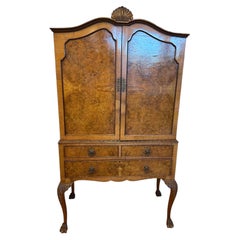 Antique Burled Walnut Queen Anne Style Bar or Drinks Cabinet