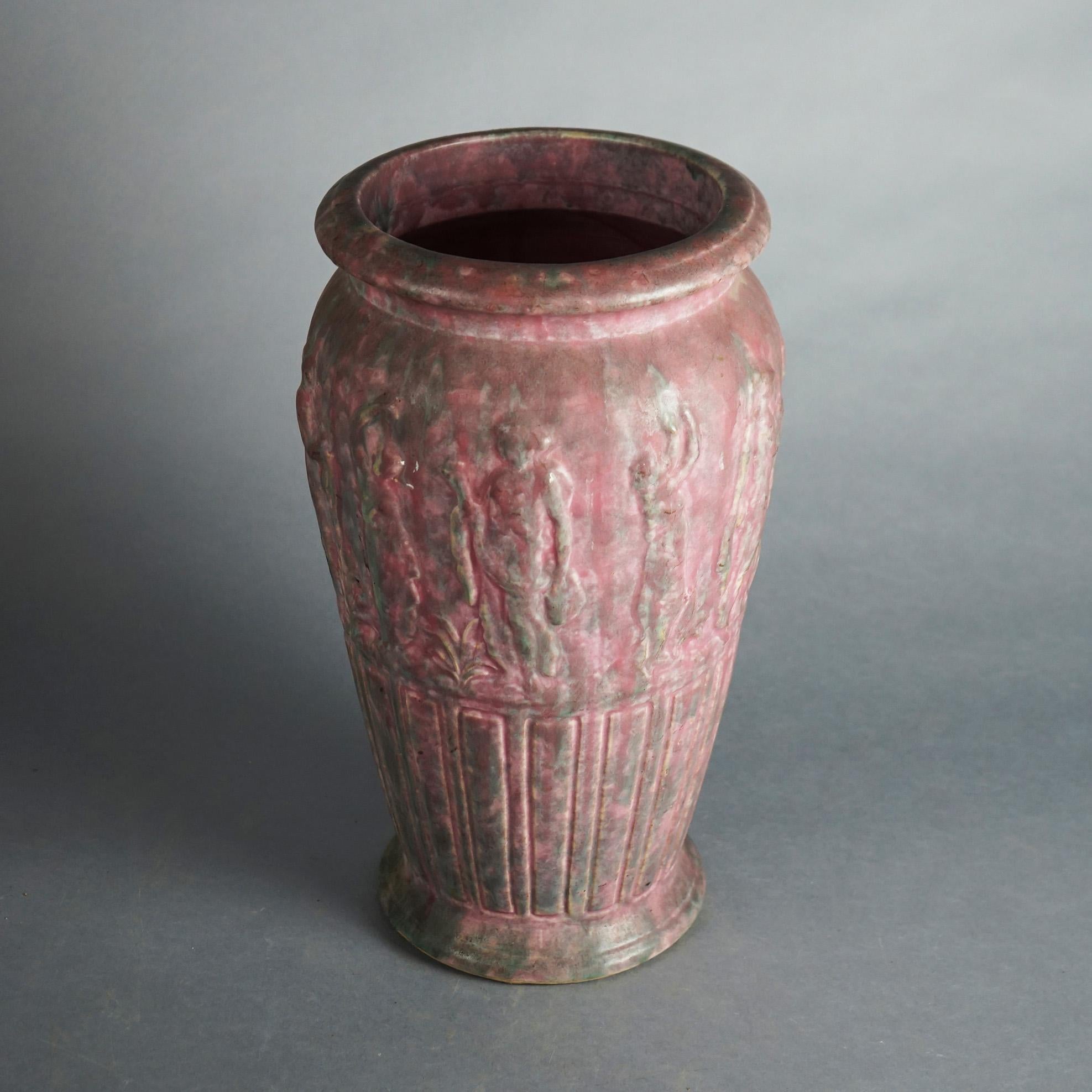 20th Century Antique Burley-Winter Arts & Crafts Figural Embossed Pottery Floor Vase c1920