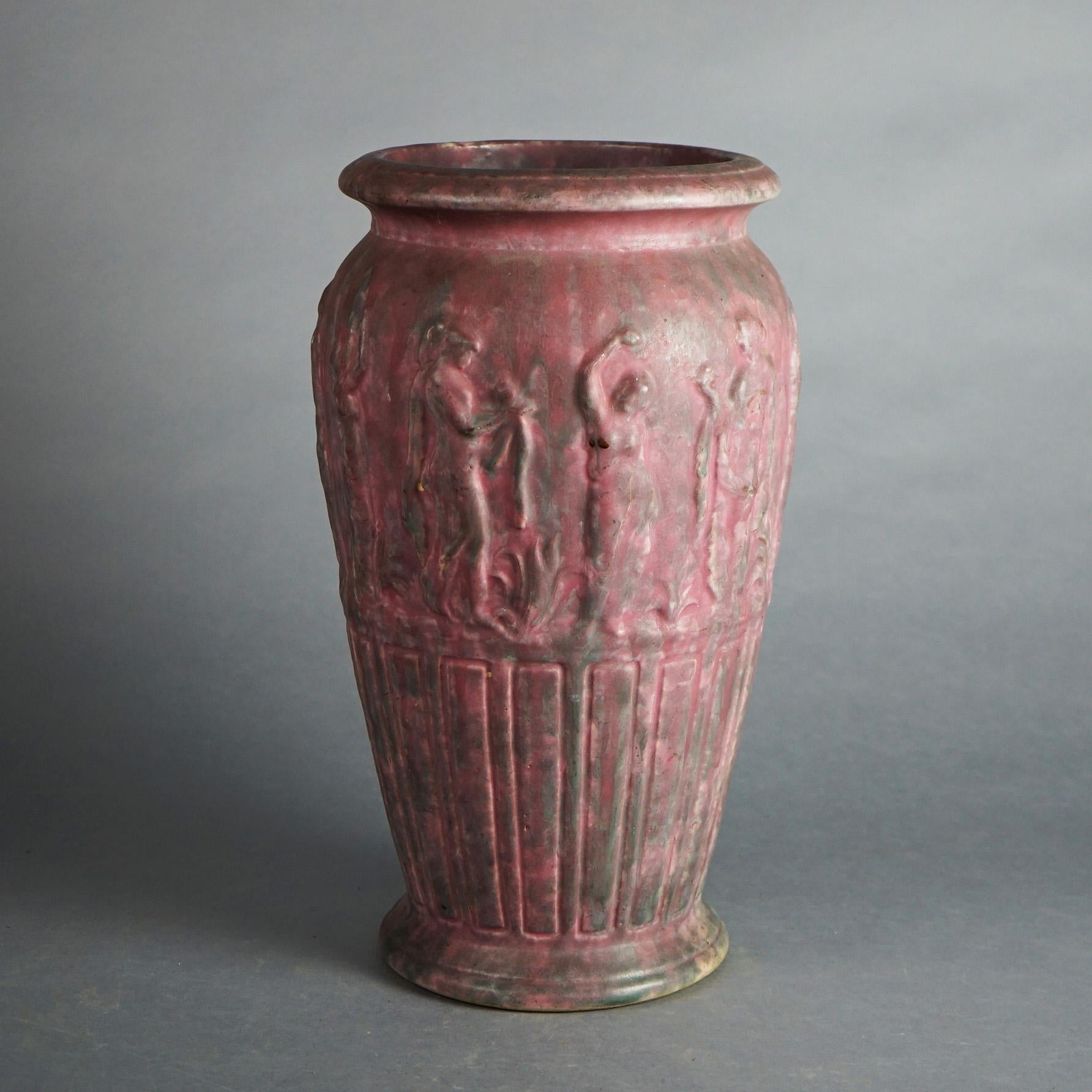 Antique Burley-Winter Arts & Crafts Figural Embossed Pottery Floor Vase c1920 1