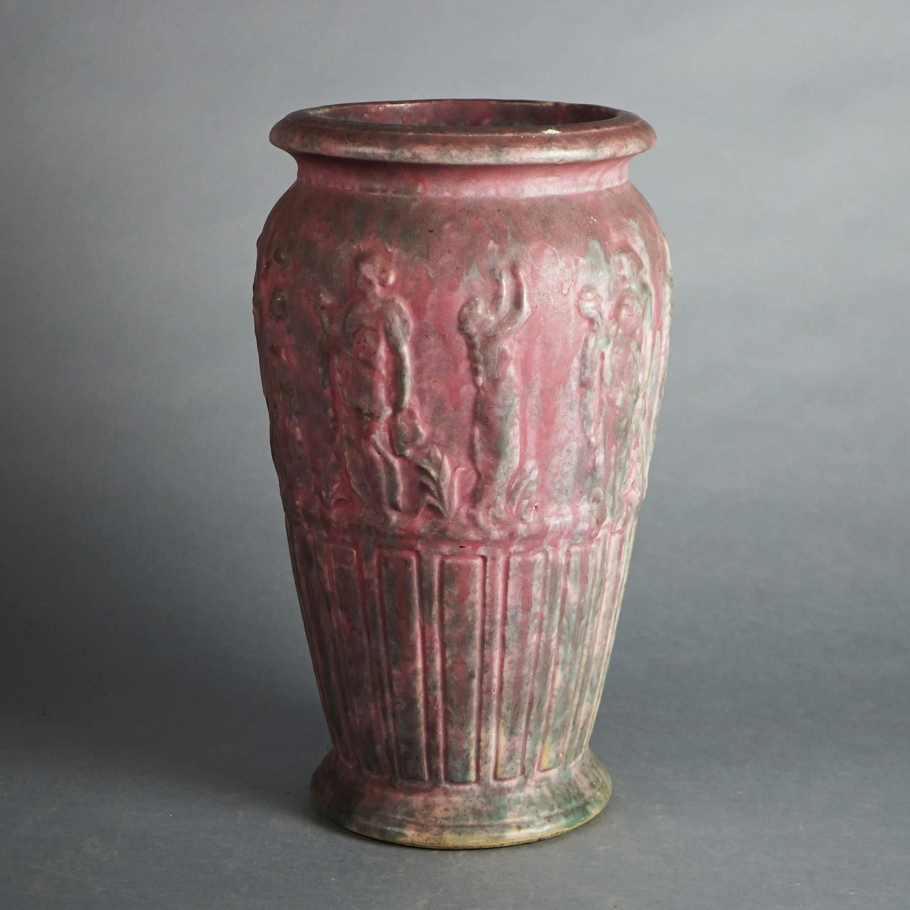 Antique Burley-Winter Arts & Crafts Figural Embossed Pottery Floor Vase c1920 2