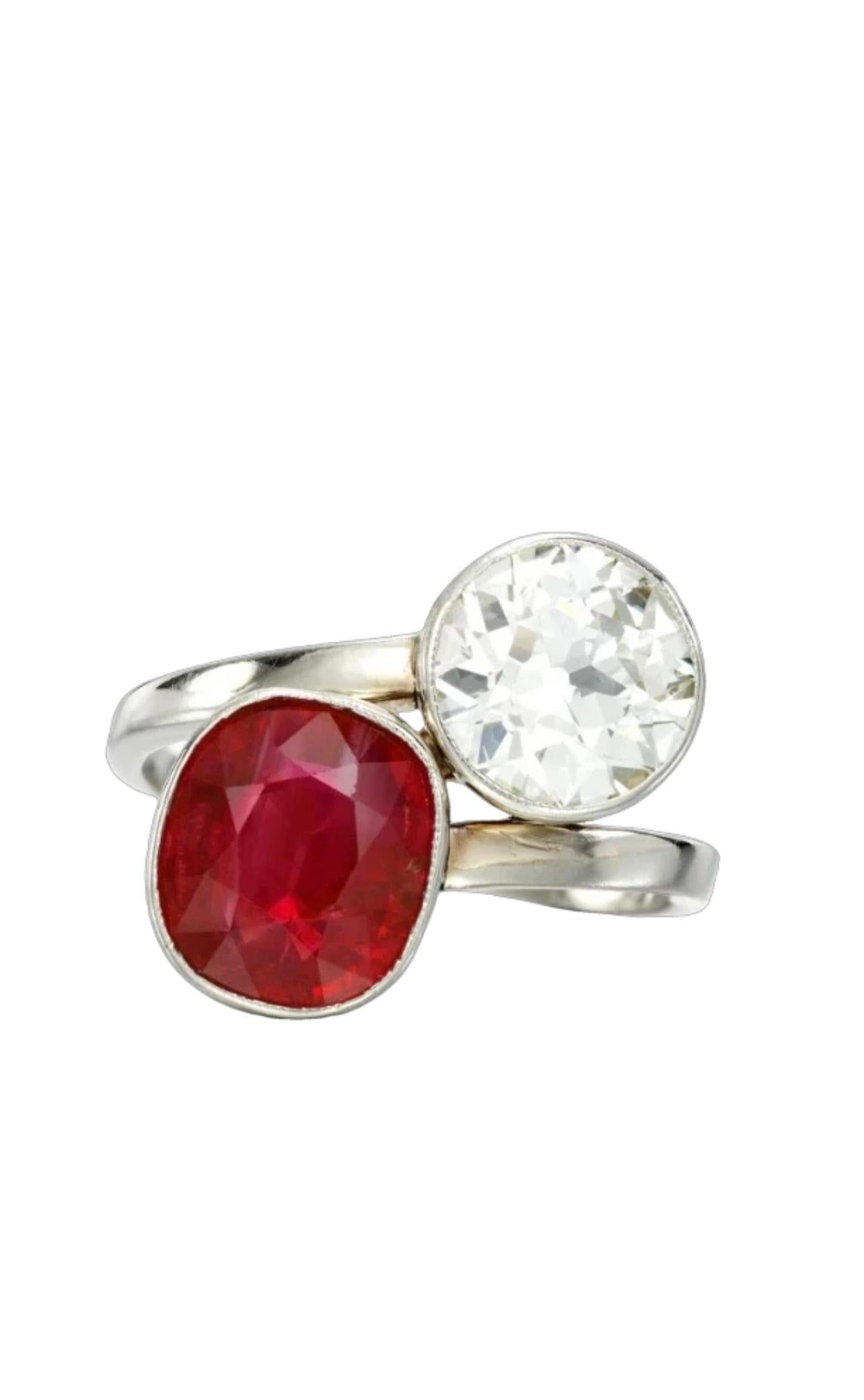 Absolutely Stunning Antique Burma No Heat Ruby and Old European Cut Diamond By Pass 