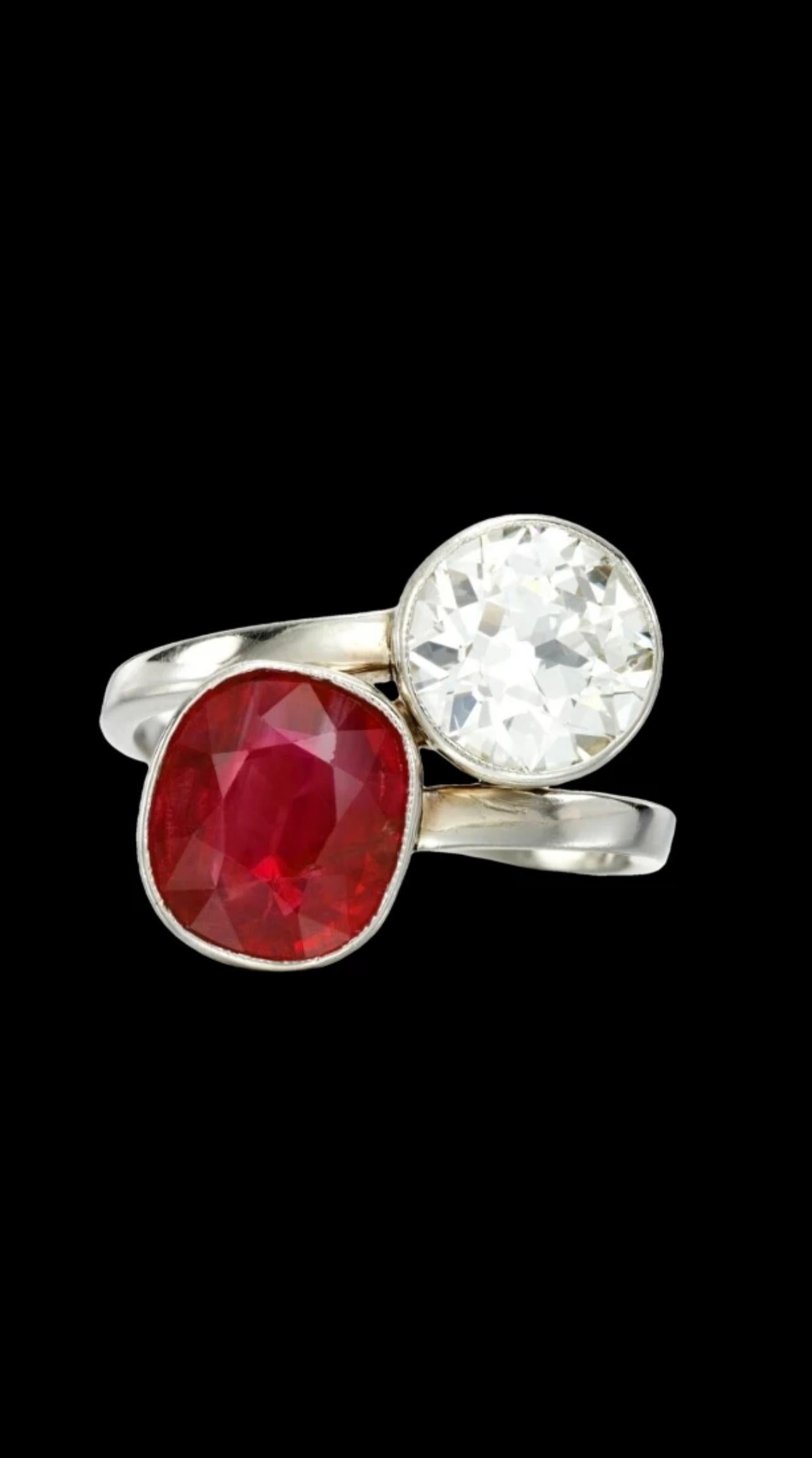 Cushion Cut Antique Burma No Heat Ruby and Diamond By Pass 