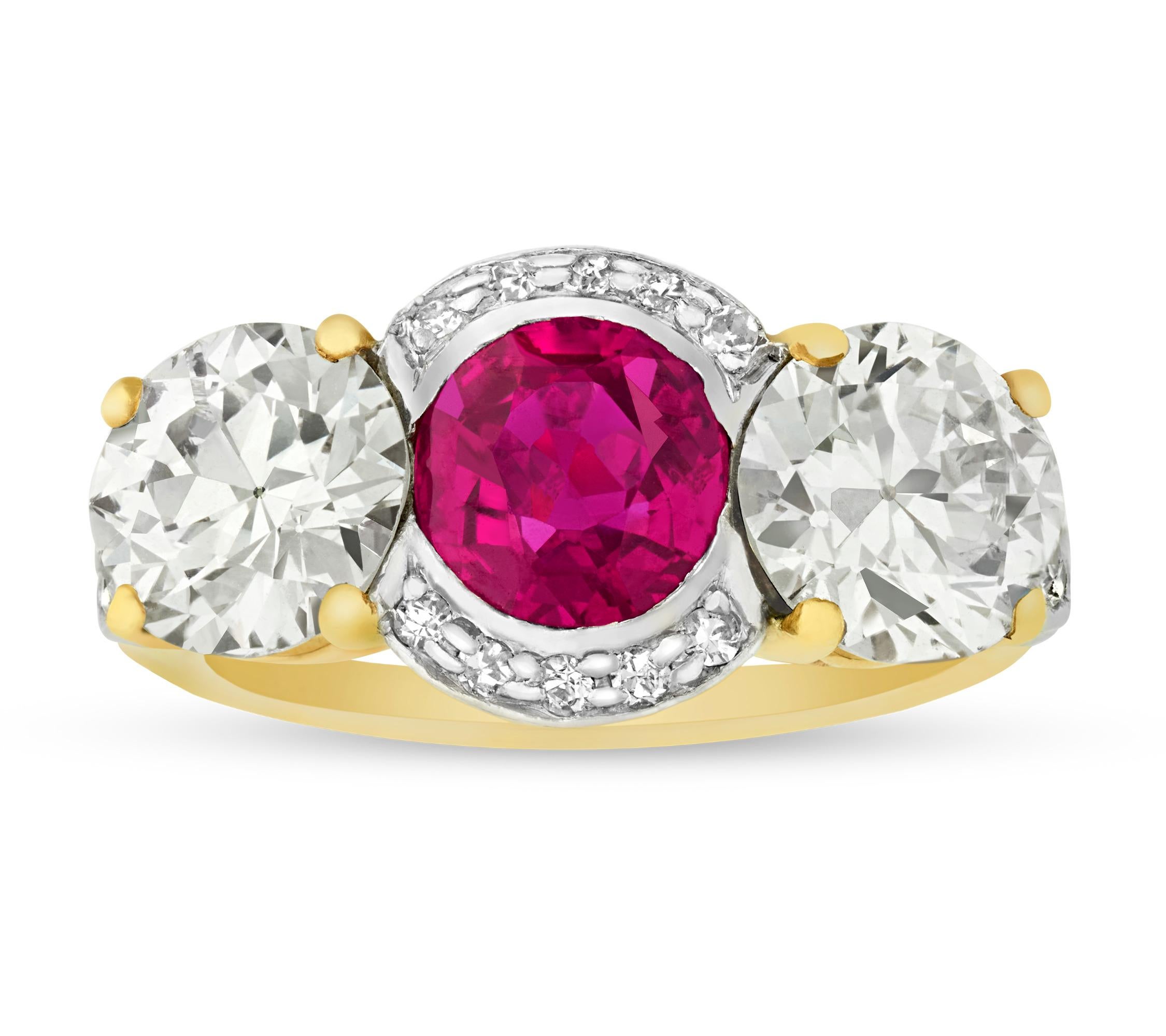 Mixed Cut Antique Burma Ruby And Diamond Ring For Sale
