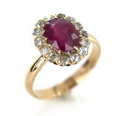 Antique Burma Ruby Diamond 18 Karat Yellow Gold Ring AGL Certified