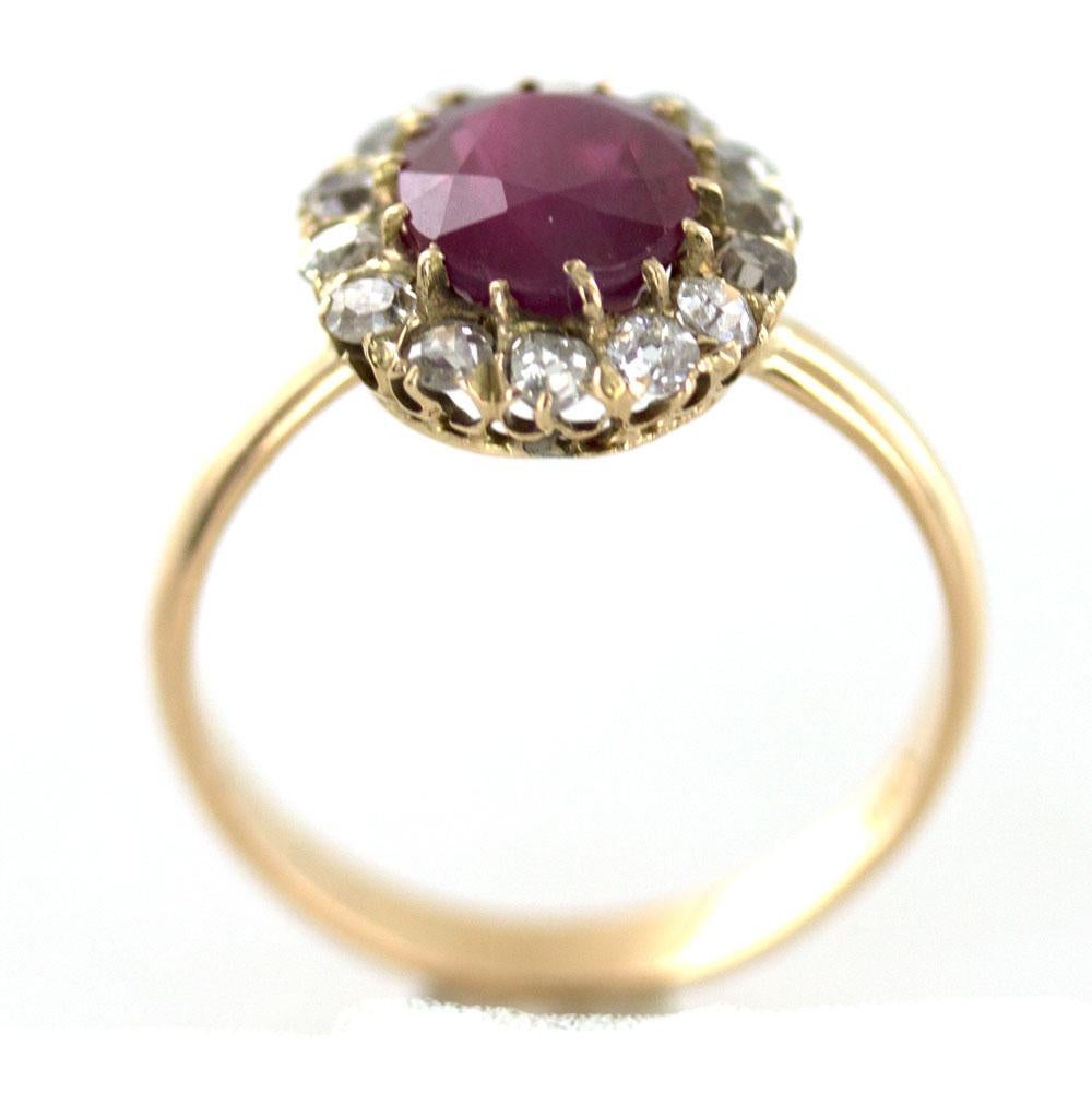 Antique Burma Ruby Diamond 18 Karat Yellow Gold Ring AGL Certified (Alteuropäischer Brillantschliff)