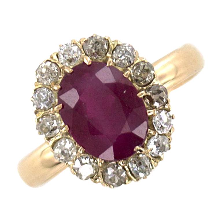 Antique Burma Ruby Diamond 18 Karat Yellow Gold Ring AGL Certified