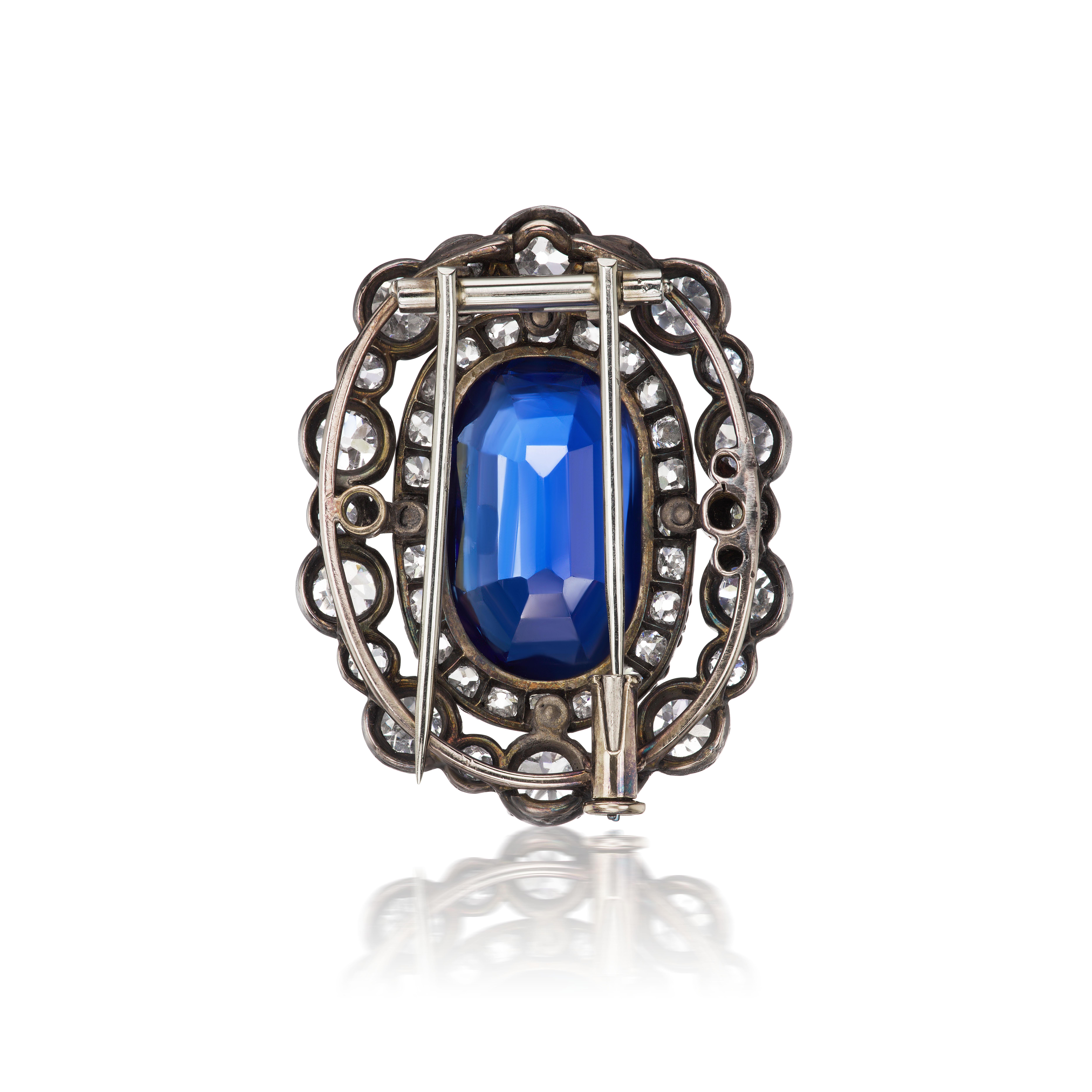Oval Cut Antique Burma Sapphire and Diamond and 18K Gold Victorian Brooch