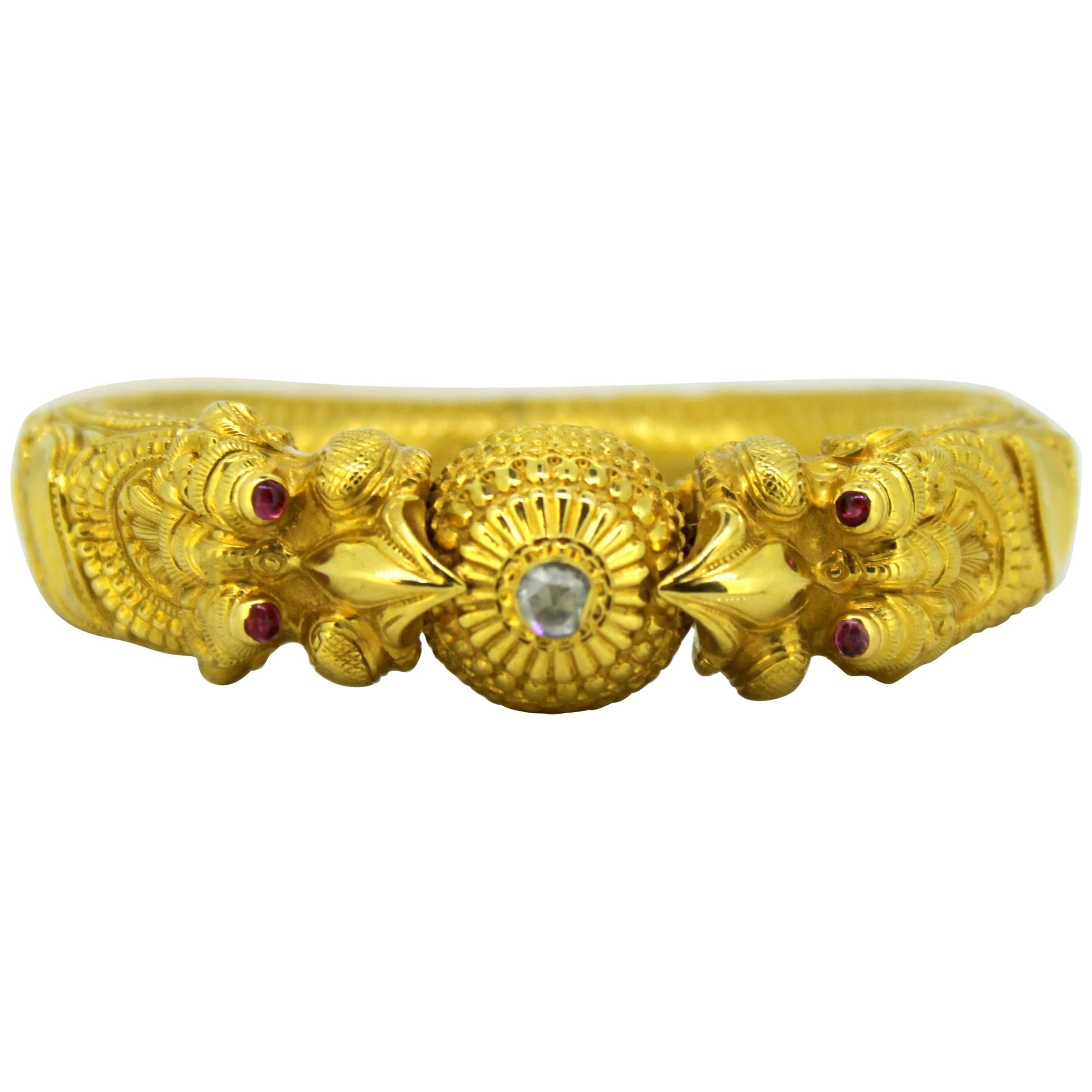 Antique Burmese 22 Karat Gold Bangle with Diamond and Rubies, circa 1750s
