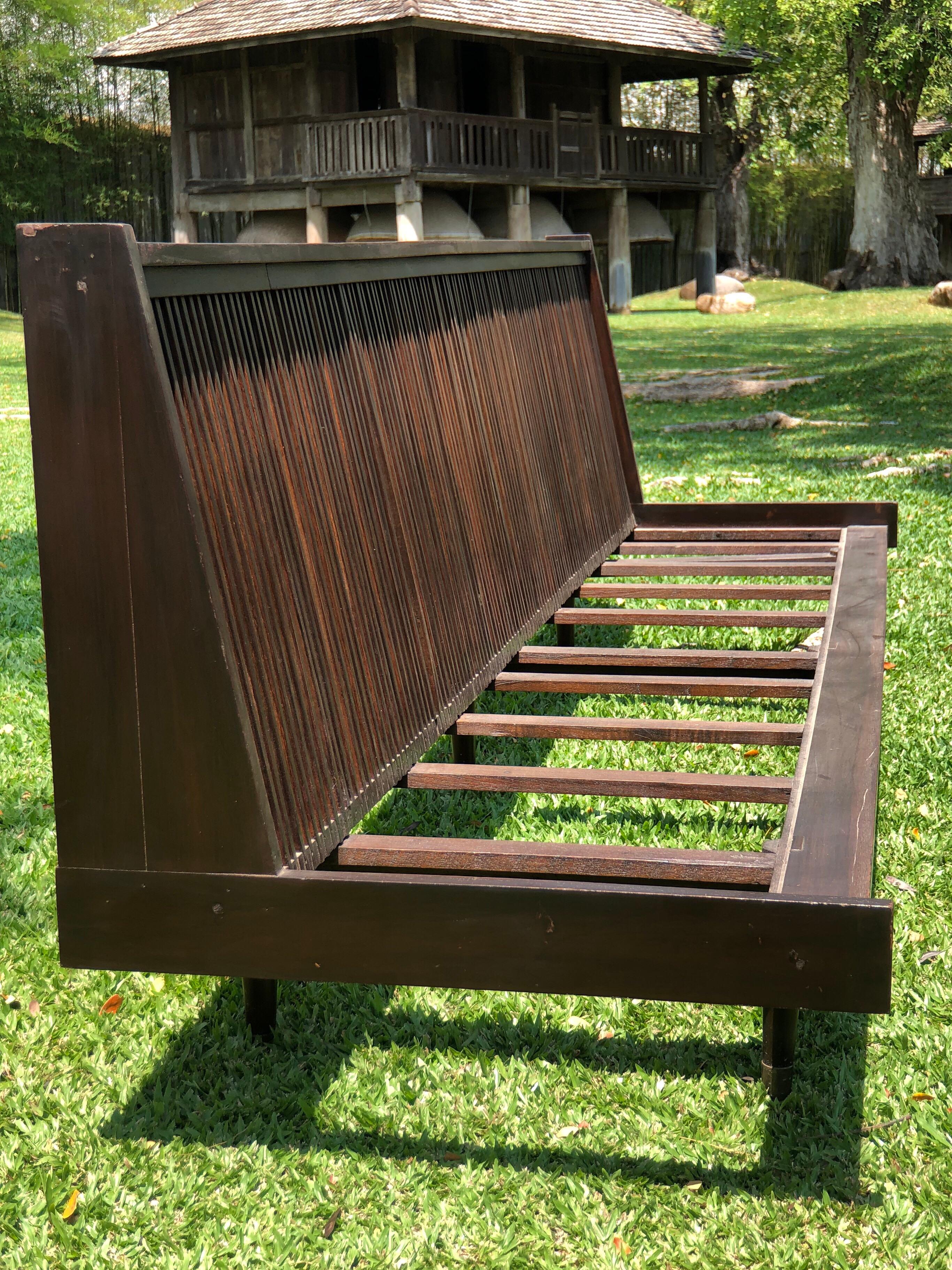 Oiled Antique Burmese Art Deco Teak Wood Bench from Myanmar, 1930 For Sale