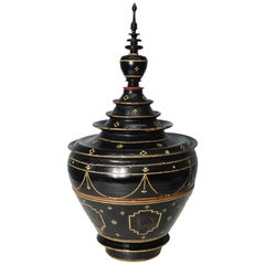 Antique Burmese Black Lacquered Temple Offering Bowl from the 19th Century
