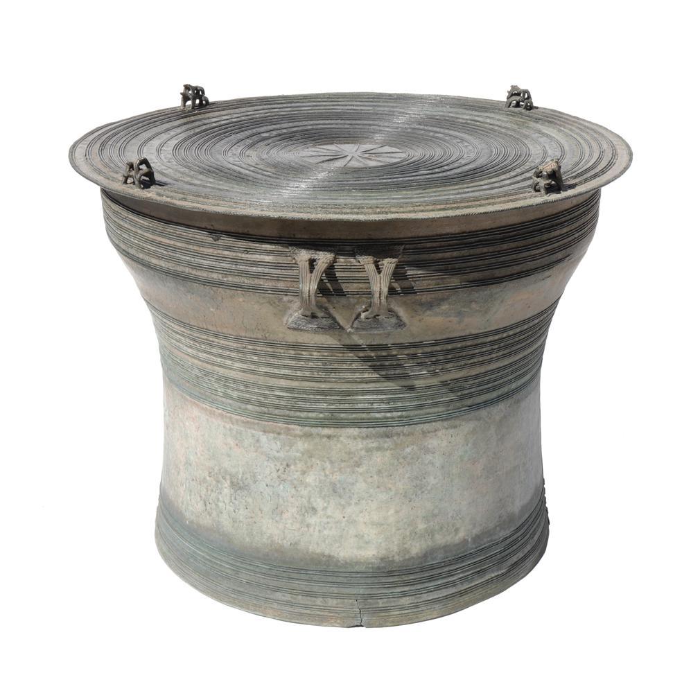 Tribal Antique Burmese Bronze 2-Frog Rain Drum For Sale