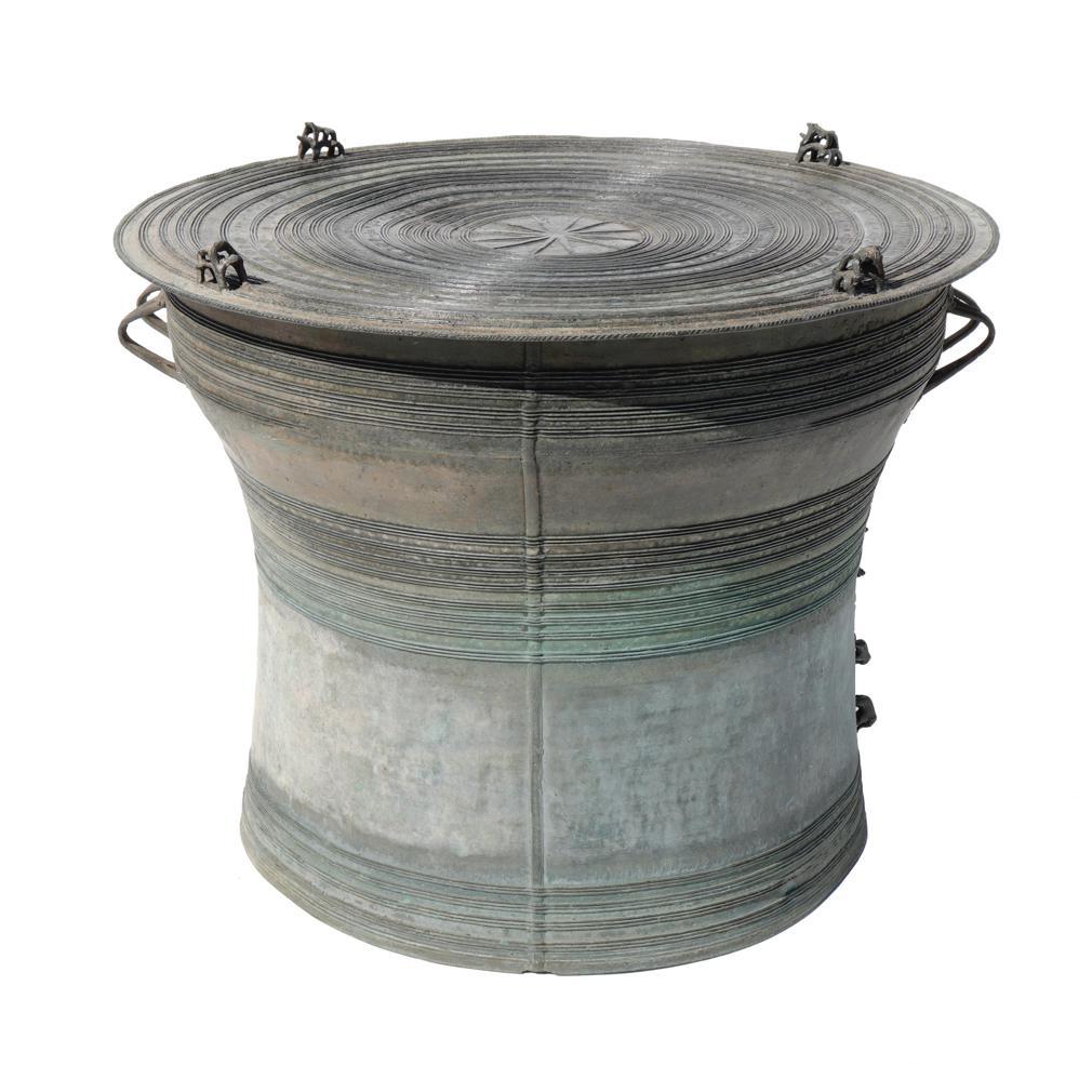 Cast Antique Burmese Bronze 2-Frog Rain Drum For Sale