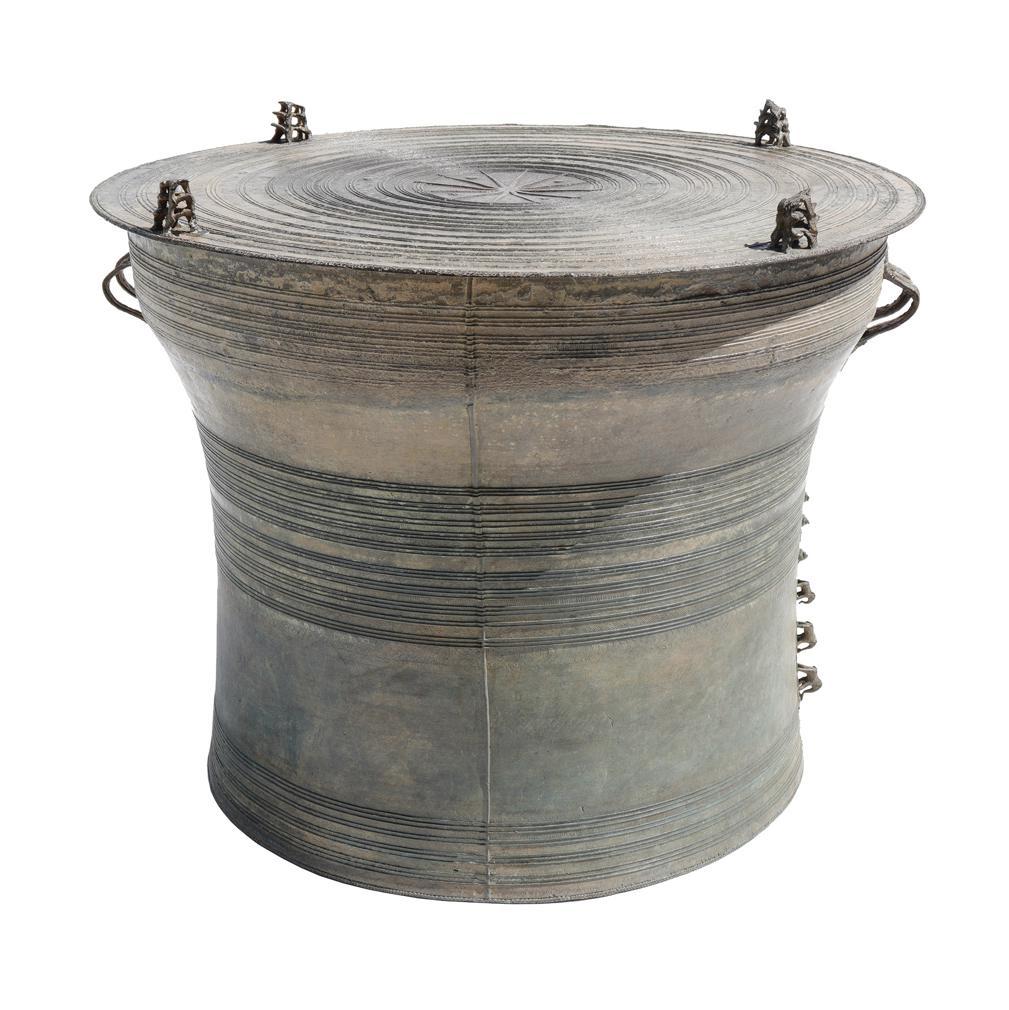 Antique Burmese Karen Frog Drum, a fine large bronze tribute drum (Heger Type III), Pazi  (Burmese), pam klo’ (Karen) also known as “The Magical Bronze Pond”(Cooler - Developmental Stage VII, Aerial Sequence, Category C three frogs, p.276)*. The
