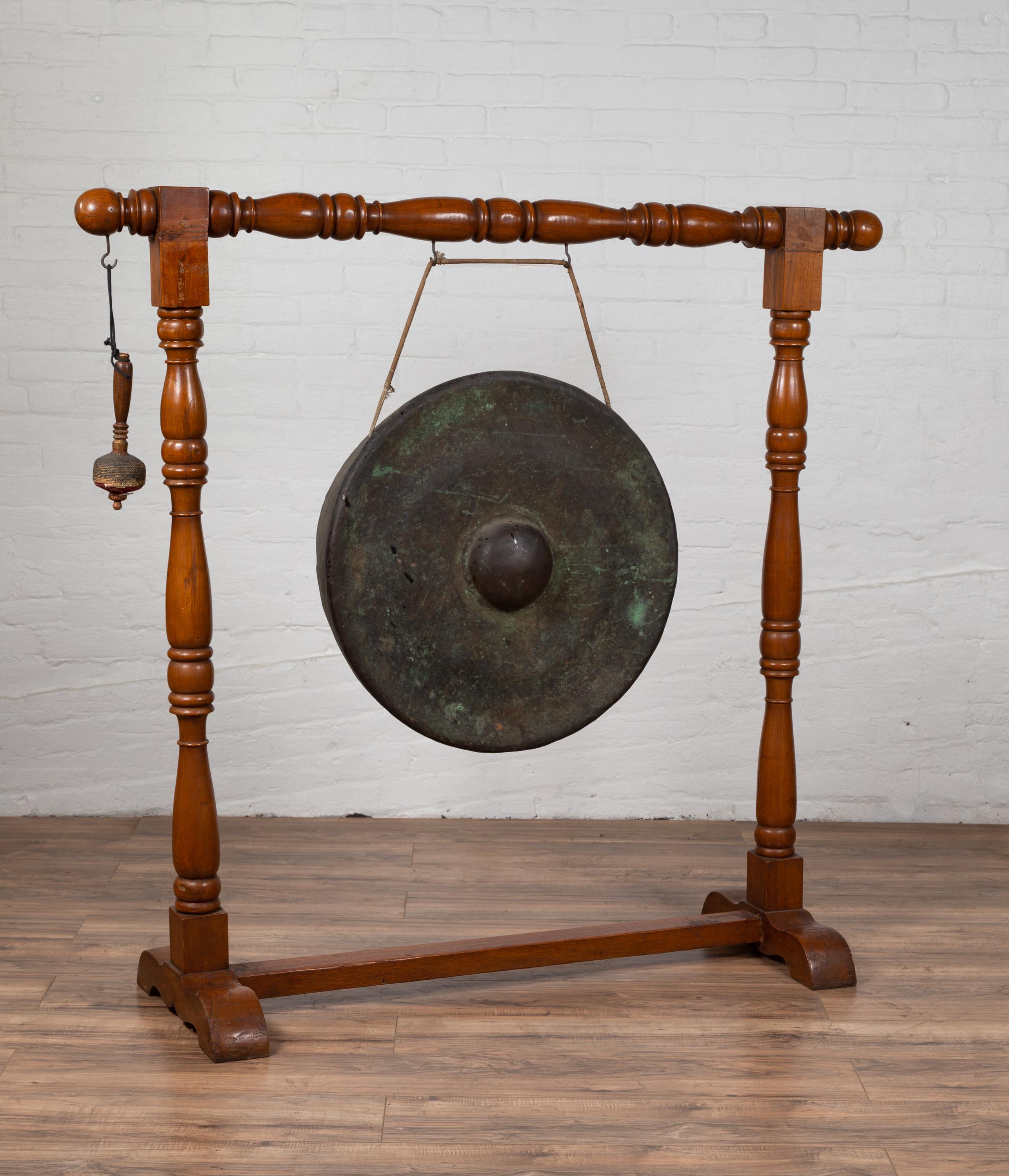 Antique Burmese Bronze Temple Gong with Mallet Mounted on Turned Wooden Stand 3