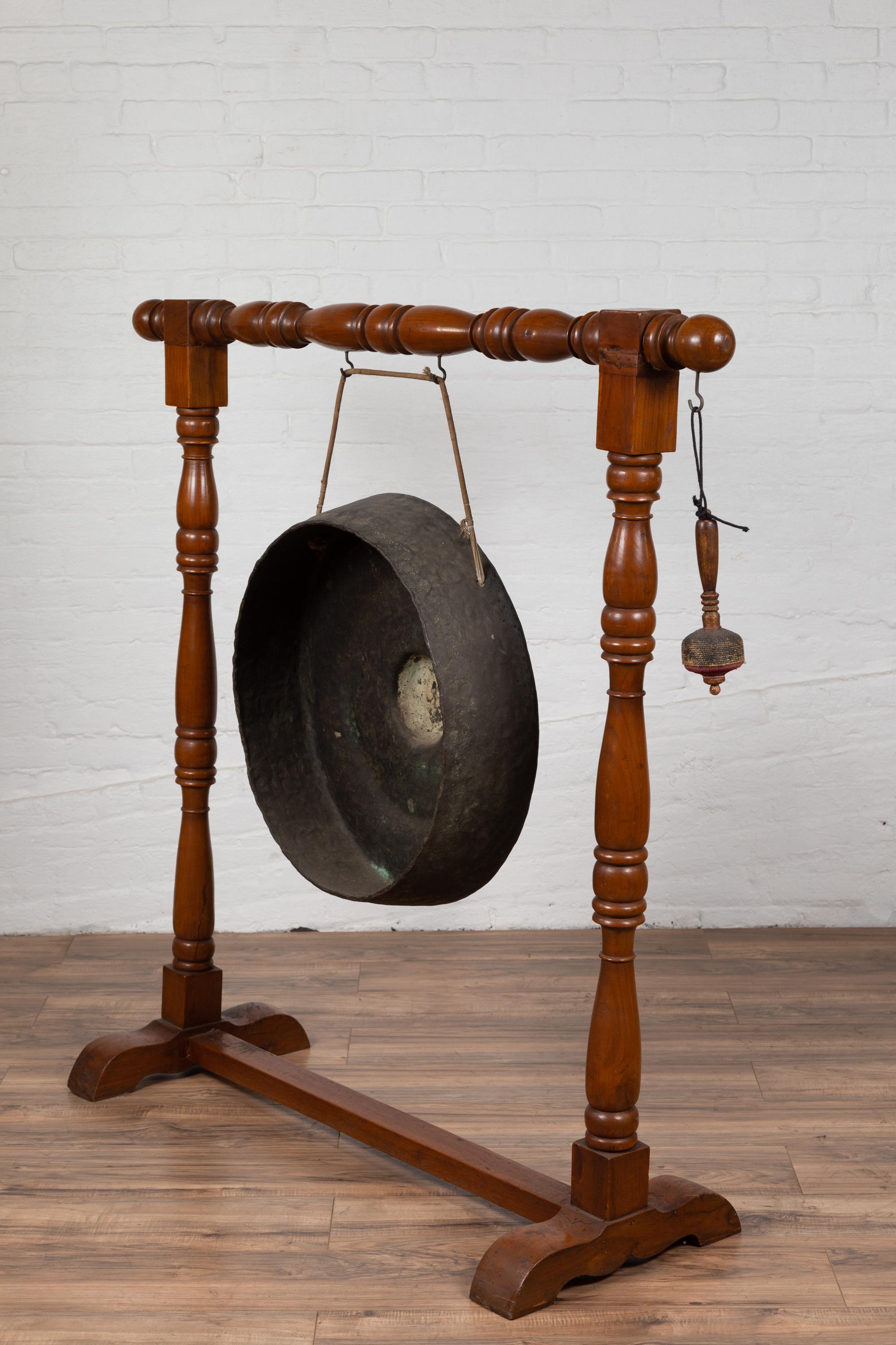 Antique Burmese Bronze Temple Gong with Mallet Mounted on Turned Wooden Stand 5