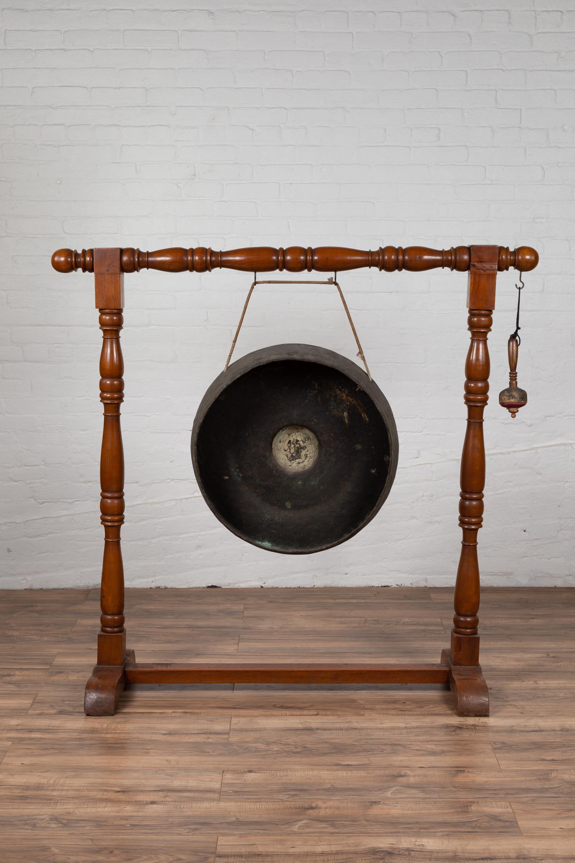 Antique Burmese Bronze Temple Gong with Mallet Mounted on Turned Wooden Stand 6