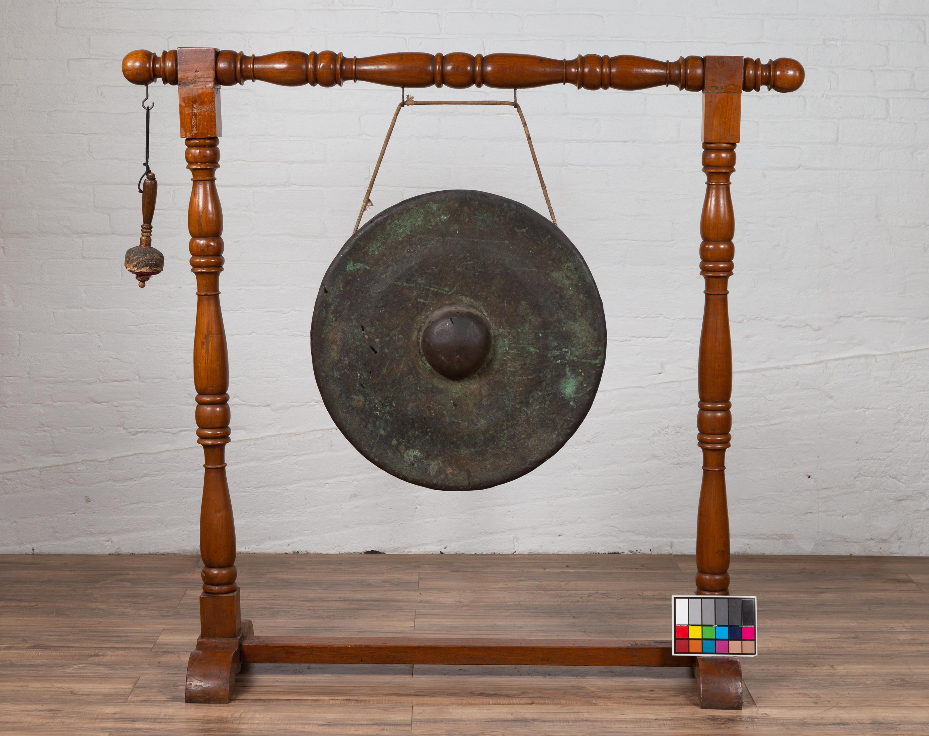 Antique Burmese Bronze Temple Gong with Mallet Mounted on Turned Wooden Stand 7
