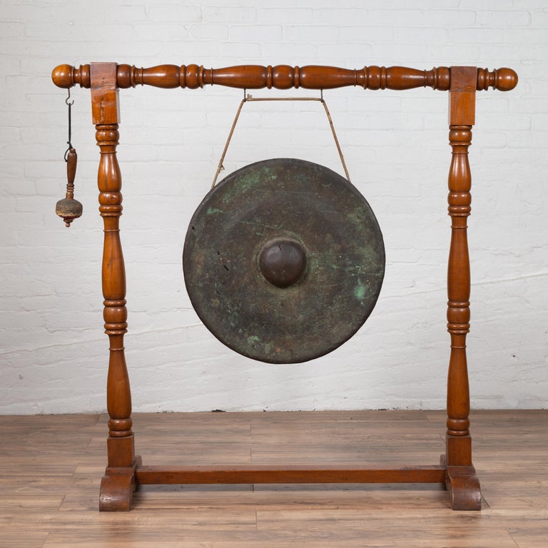 Antique Burmese Bronze Temple Gong with Mallet Mounted on Turned Wooden