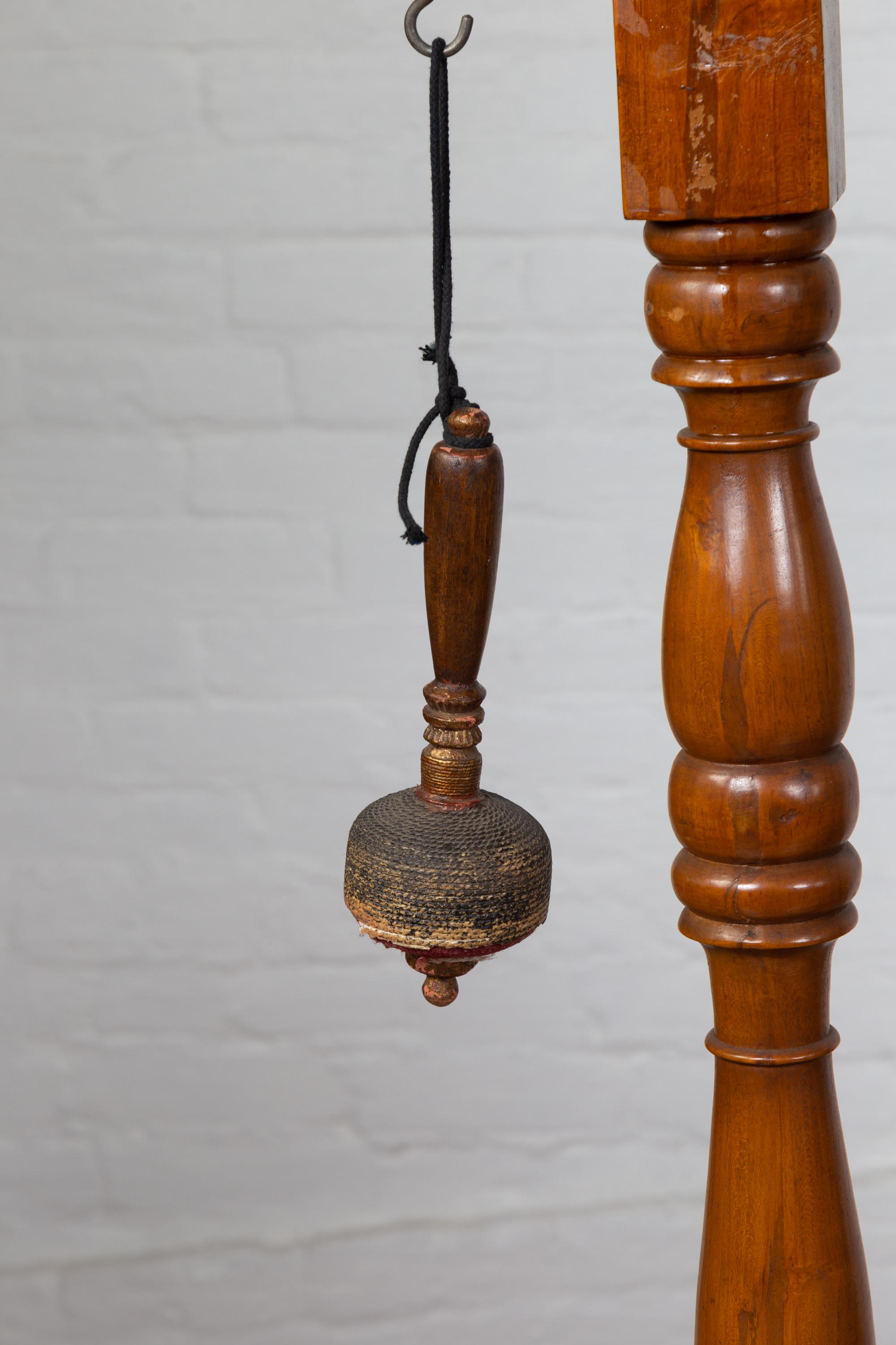 Antique Burmese Bronze Temple Gong with Mallet Mounted on Turned Wooden Stand In Good Condition In Yonkers, NY