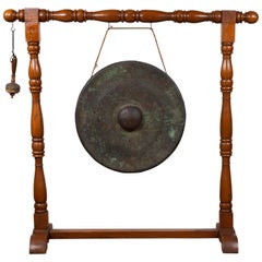 Antique Burmese Bronze Temple Gong with Mallet Mounted on Turned Wooden Stand