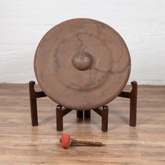 Antique Burmese Bronze Temple Gong with Mallet and Raised Center