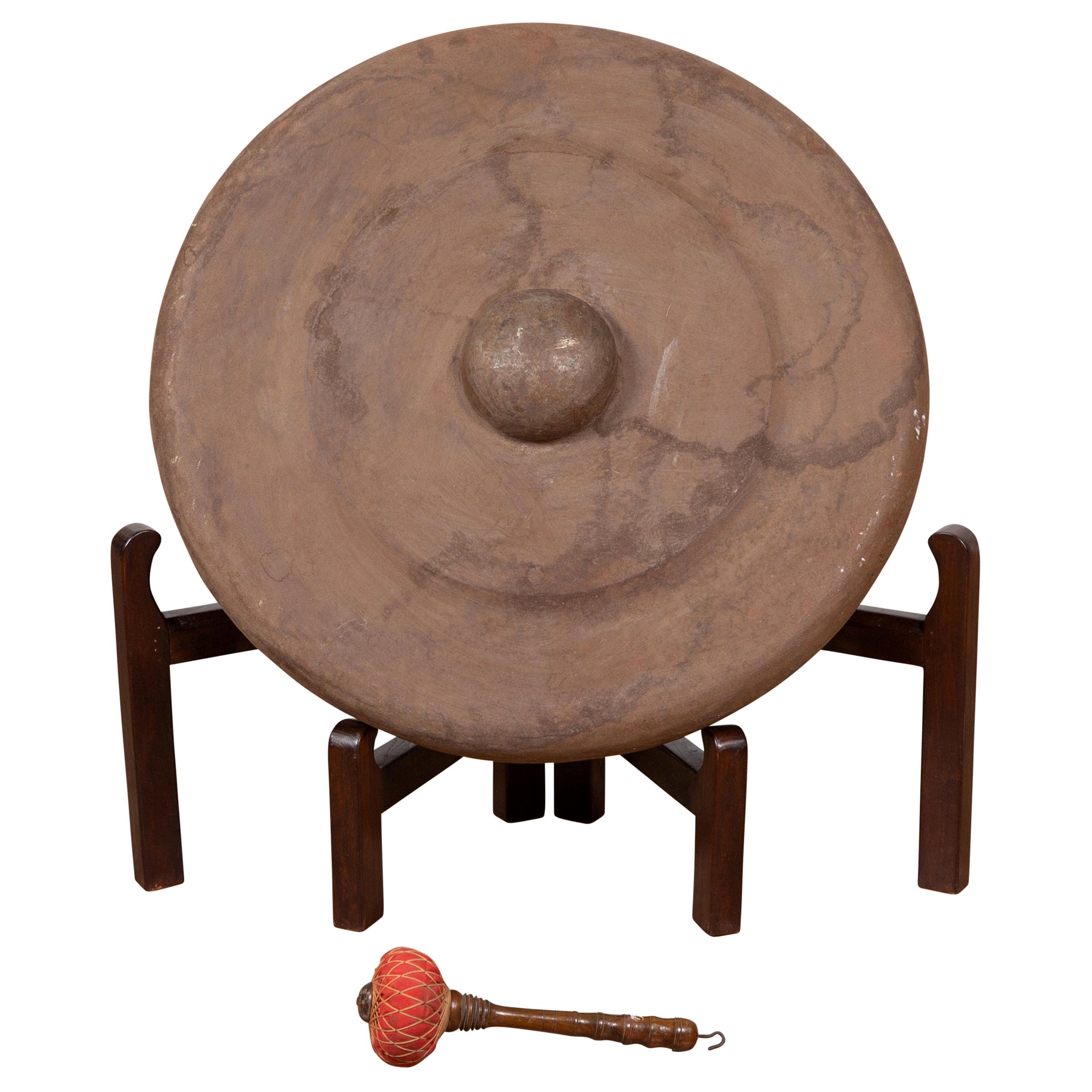 Antique Burmese Bronze Temple Gong with Red Mallet and Raised Center For Sale