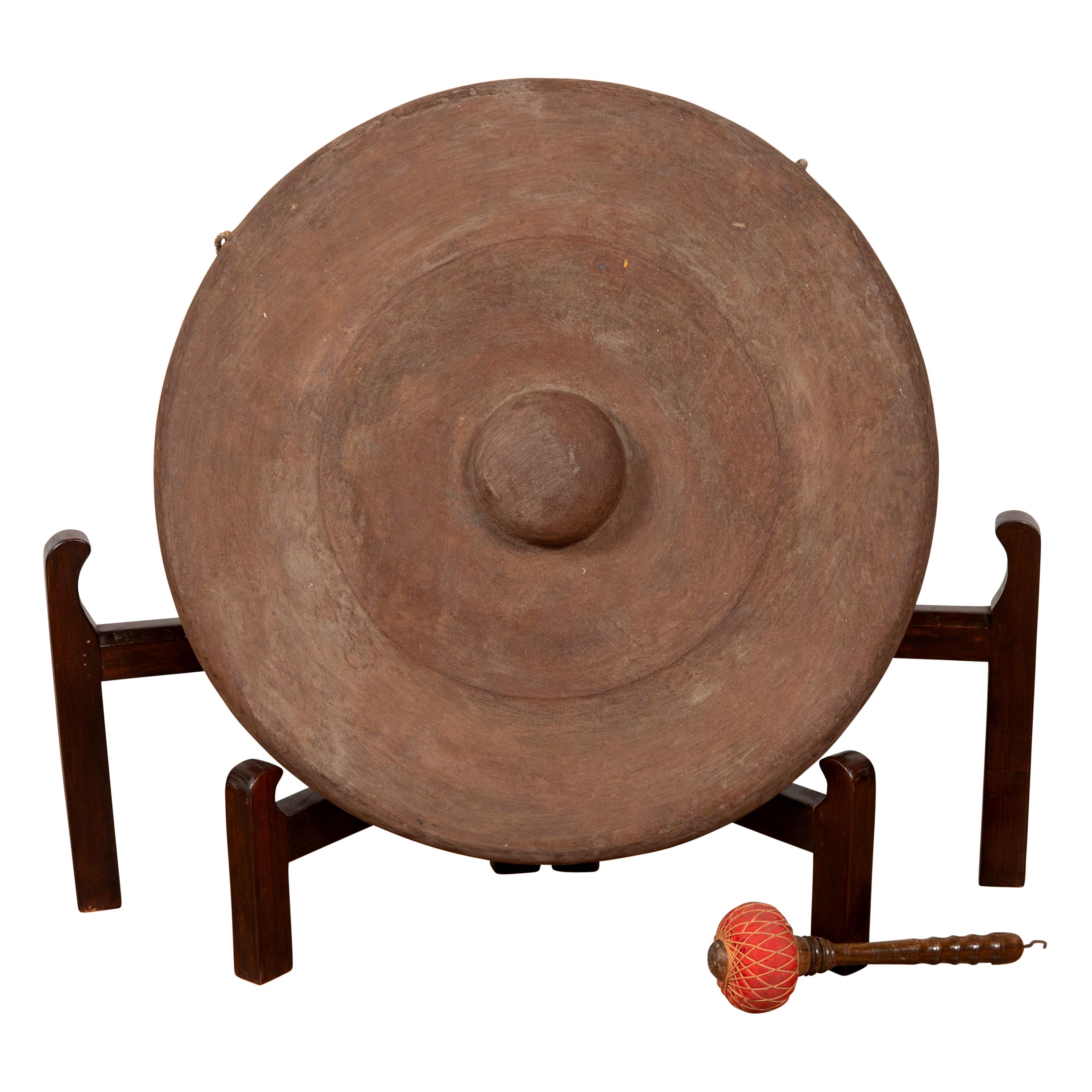 Antique Burmese Bronze Temple Gong with Red Mallet and Raised Center