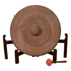 Antique Burmese Bronze Temple Gong with Red Mallet and Raised Center