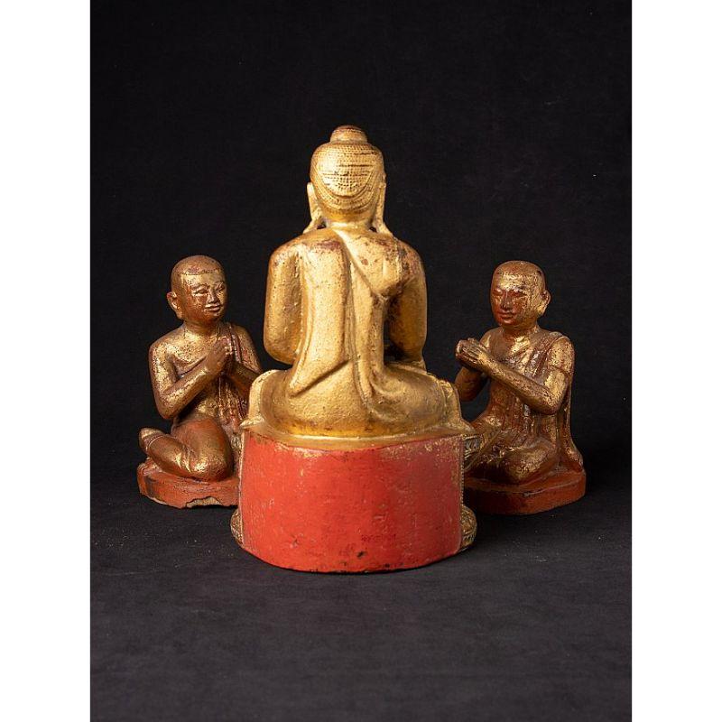 19th Century Antique Burmese Buddha with Two Monk Statues from Burma For Sale