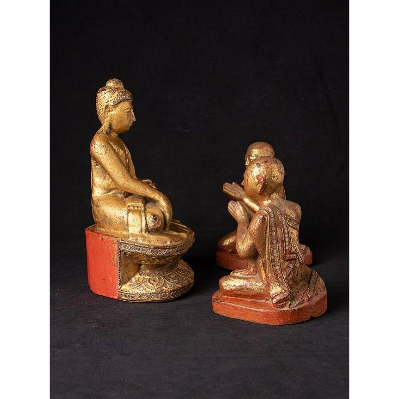 Wood Antique Burmese Buddha with Two Monk Statues from Burma For Sale