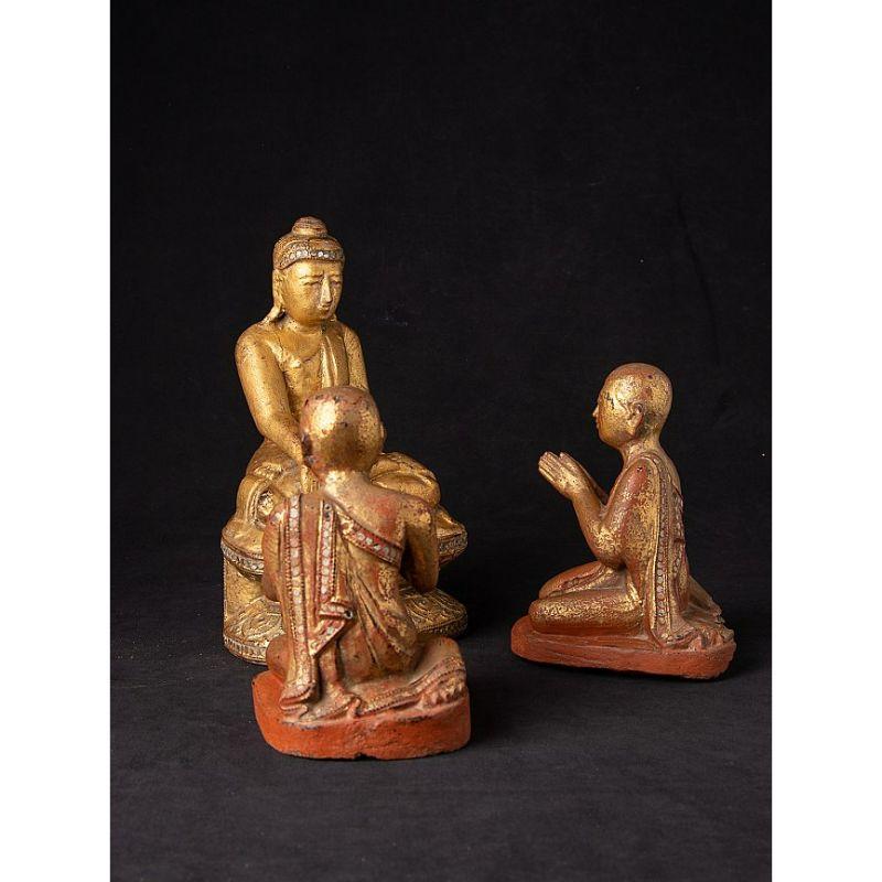 Antique Burmese Buddha with Two Monk Statues from Burma For Sale 1