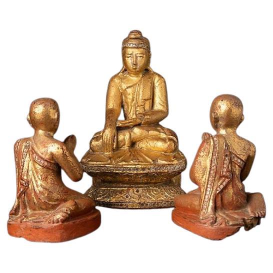 Antique Burmese Buddha with Two Monk Statues from Burma For Sale