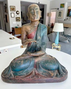 Antique Burmese Buddhist Monk Polychrome Wood Carving Statue