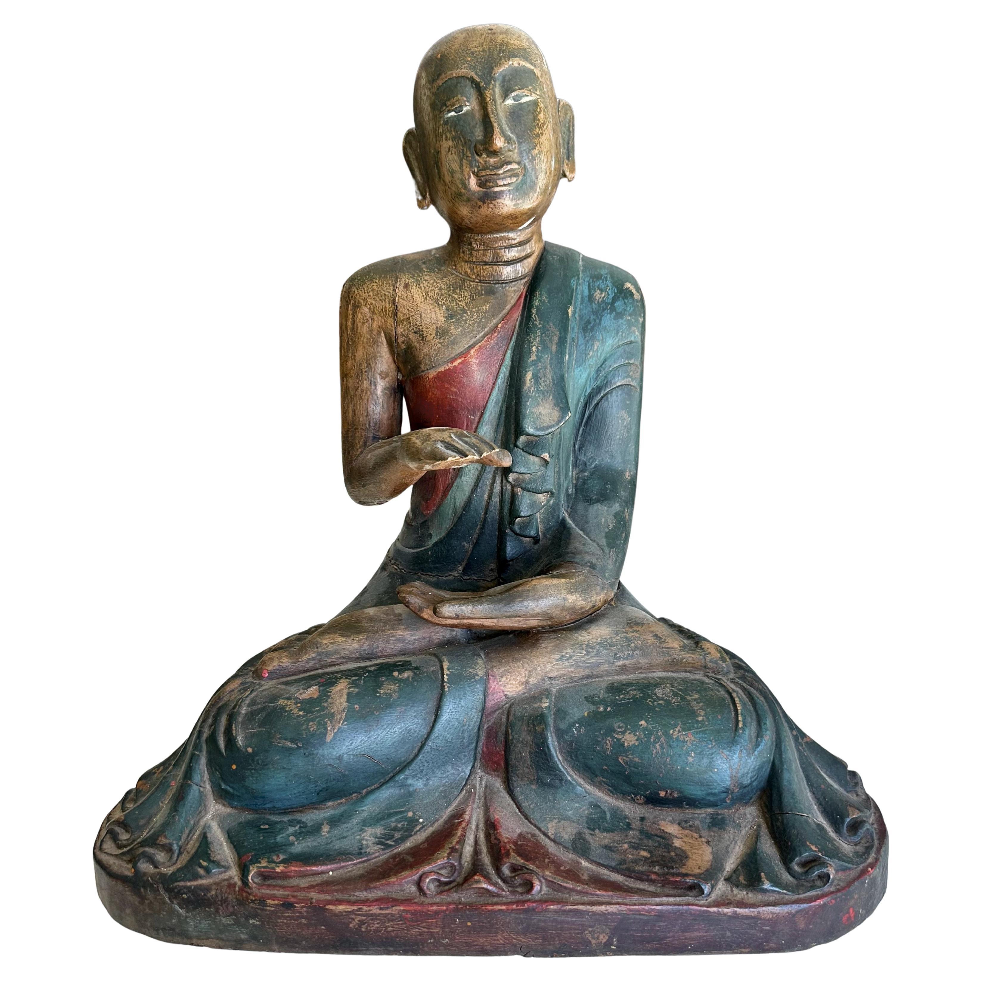 Antique Burmese Buddhist Monk Polychrome Wood Carving Statue For Sale