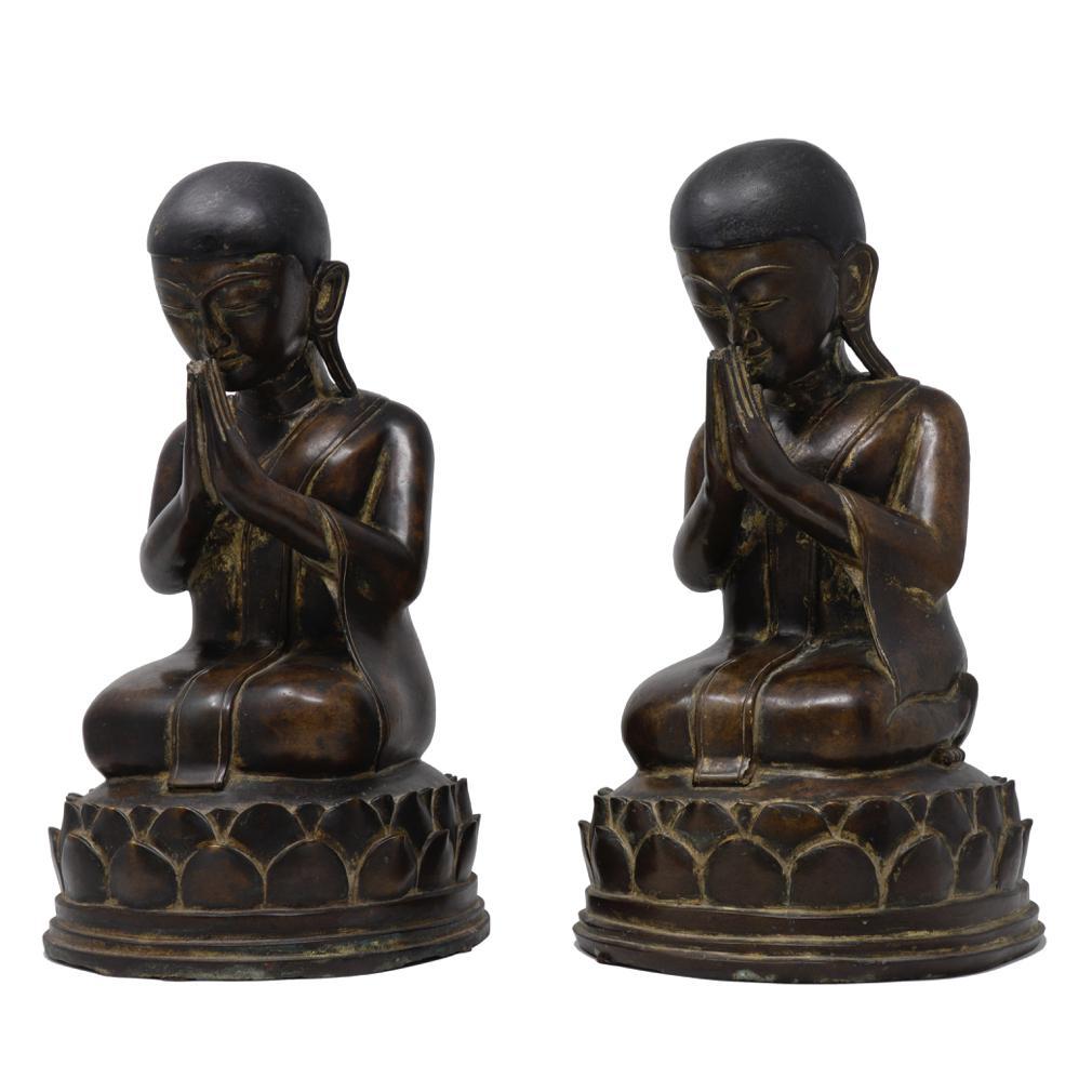 Cast Antique Burmese Buddhist Opposing Pair of Bronze Monks, Shan States For Sale
