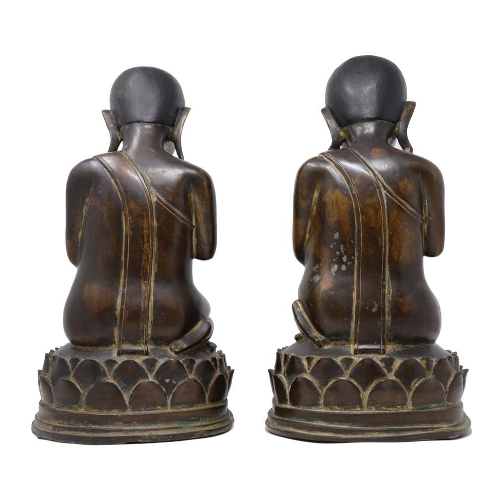 19th Century Antique Burmese Buddhist Opposing Pair of Bronze Monks, Shan States For Sale