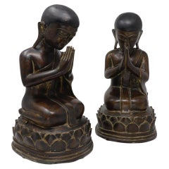 Antique Burmese Buddhist Opposing Pair of Bronze Monks, Shan States