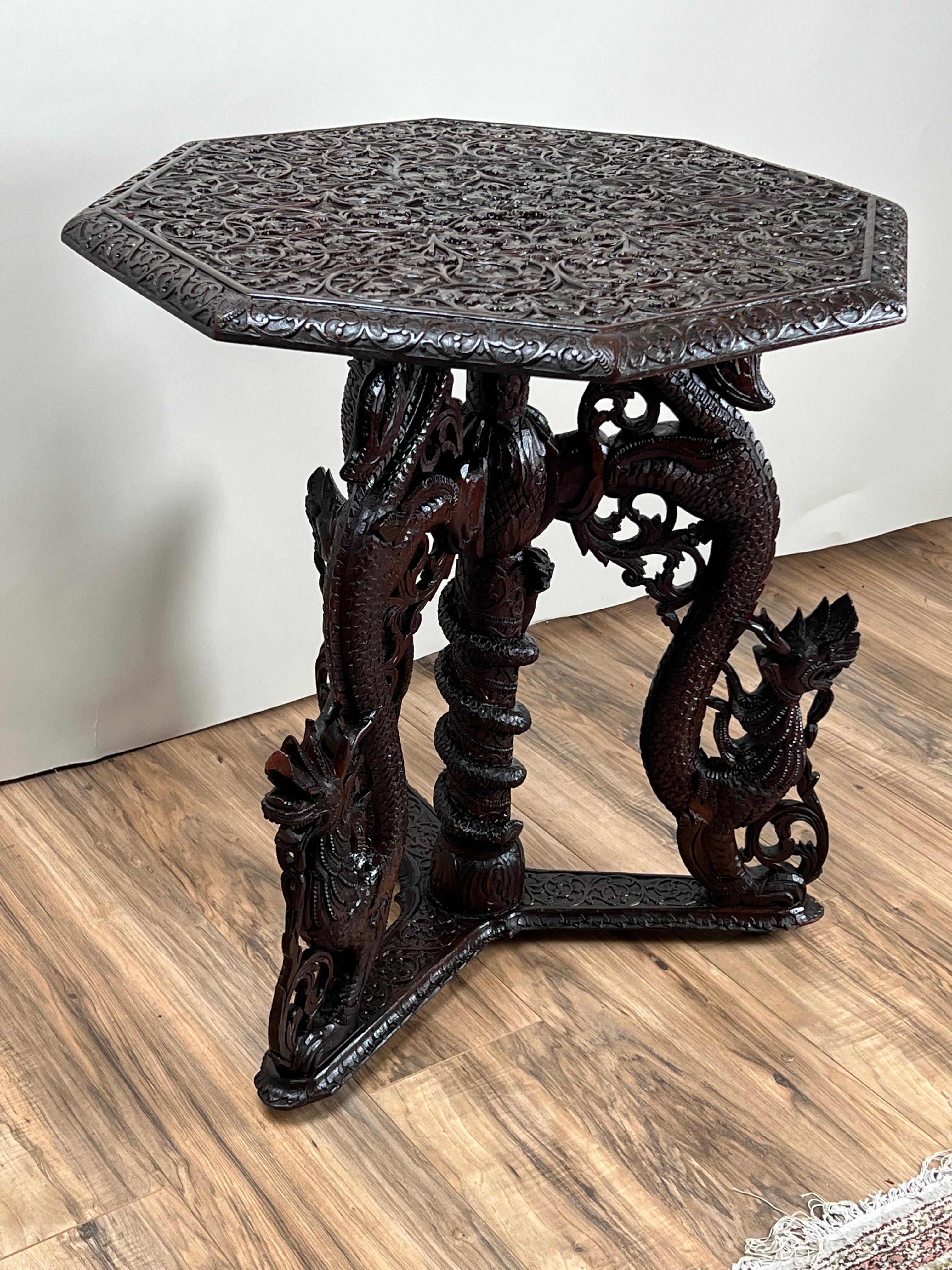 Anglo-Indian Antique Burmese Carved Dragon and Serpent Table c. 19th Century For Sale