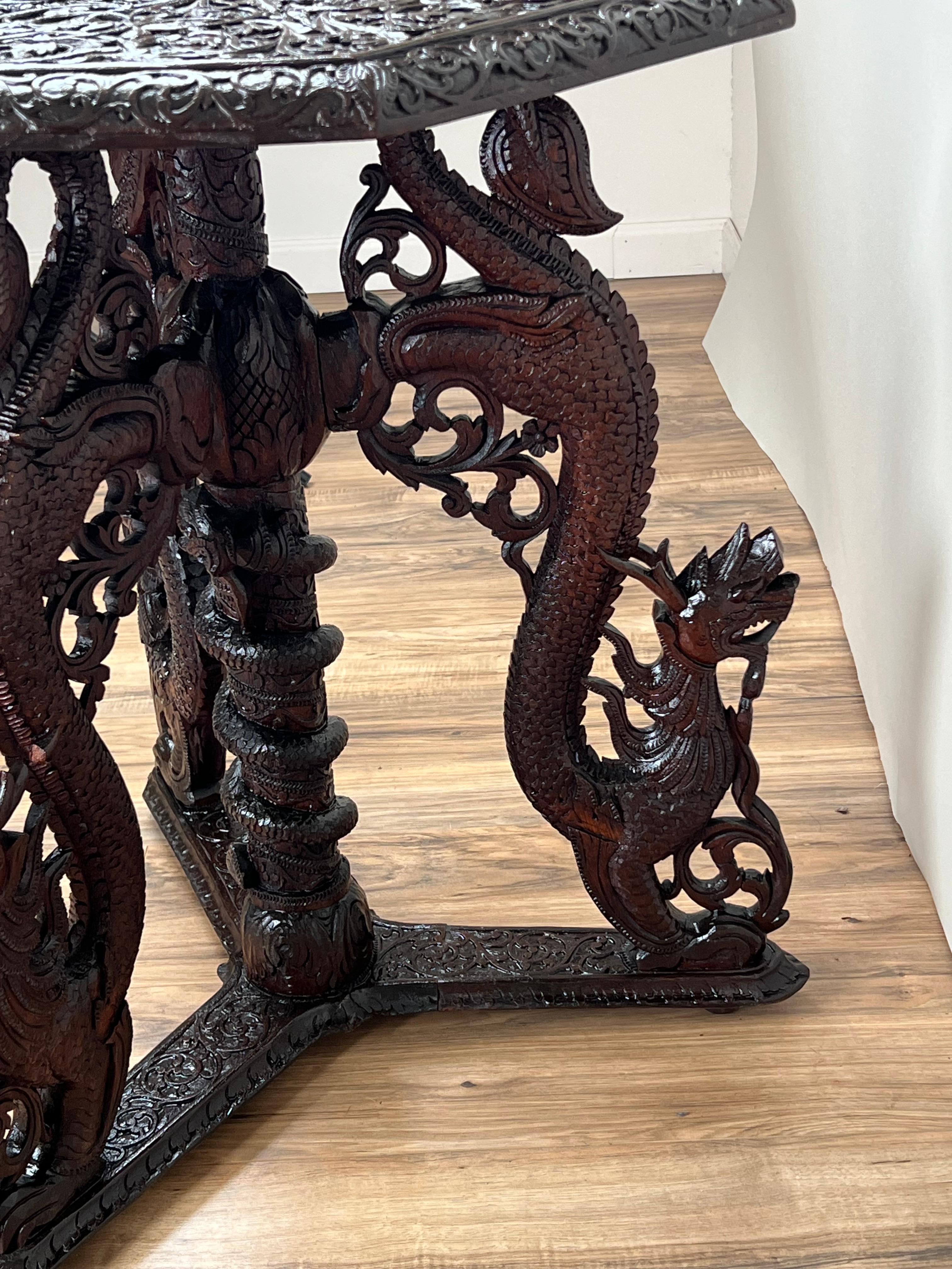 Hand-Carved Antique Burmese Carved Dragon and Serpent Table c. 19th Century For Sale