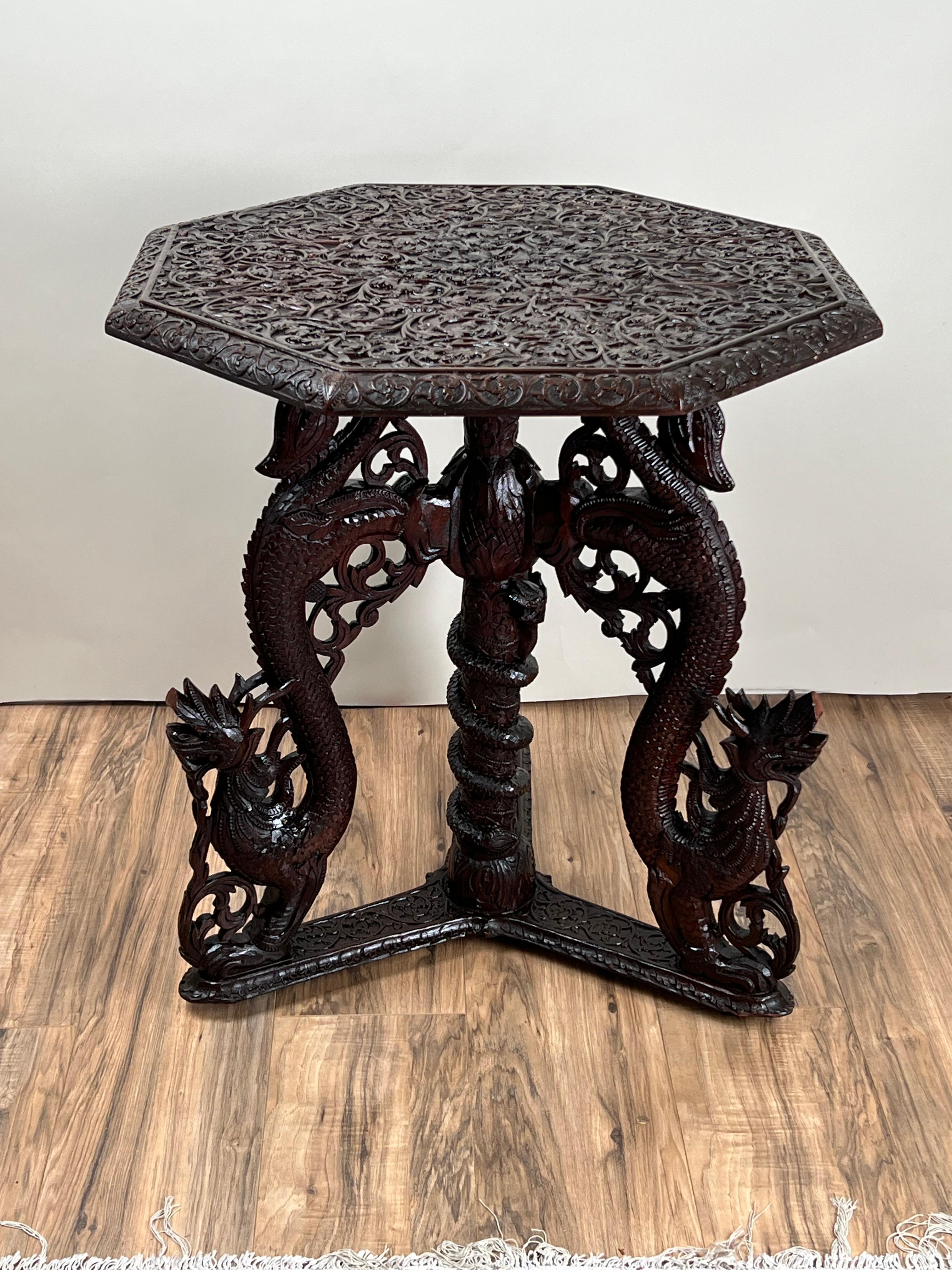 Antique Burmese Carved Dragon and Serpent Table c. 19th Century In Good Condition For Sale In Westfield, MA