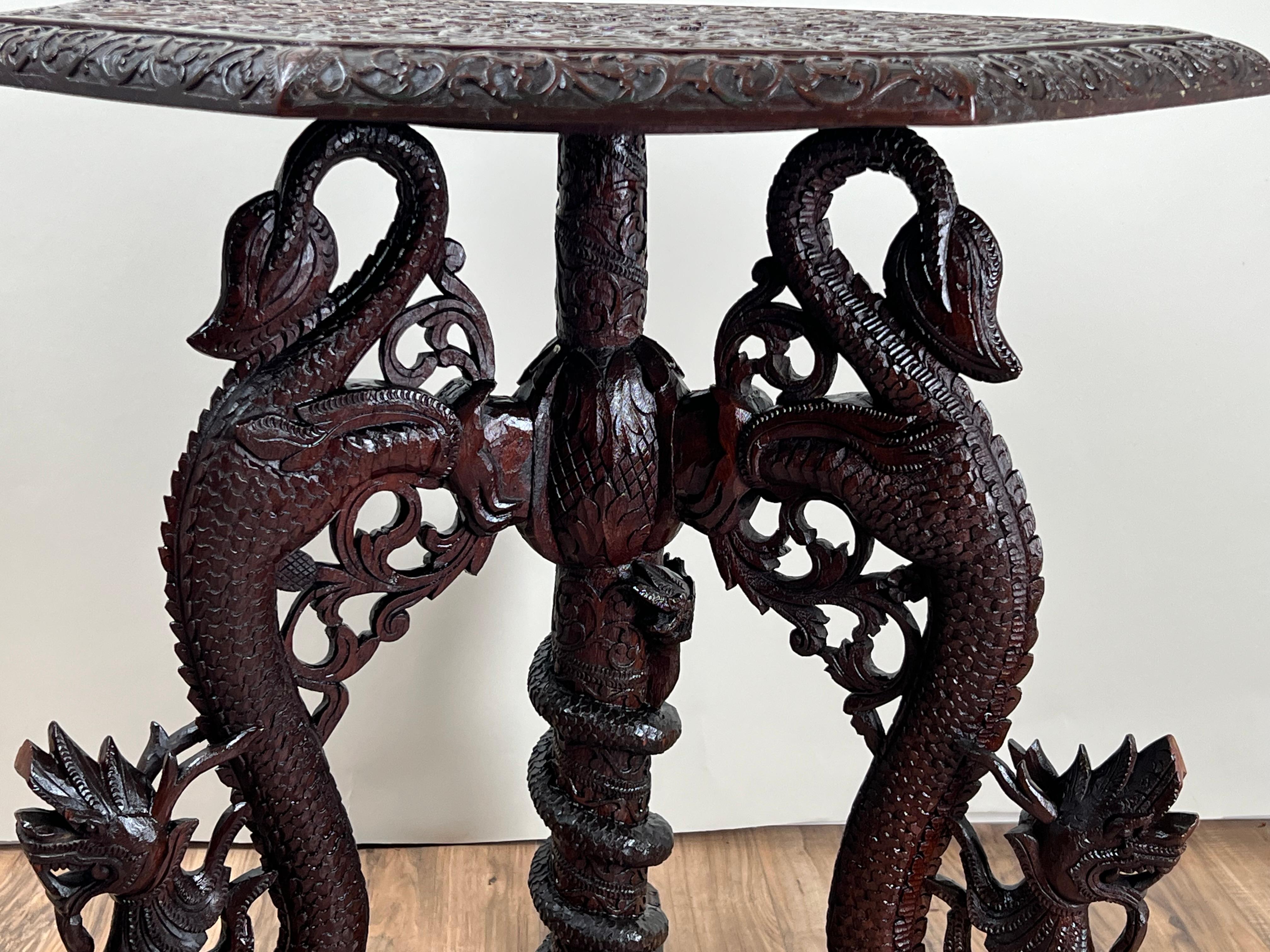 Antique Burmese Carved Dragon and Serpent Table c. 19th Century For Sale 1
