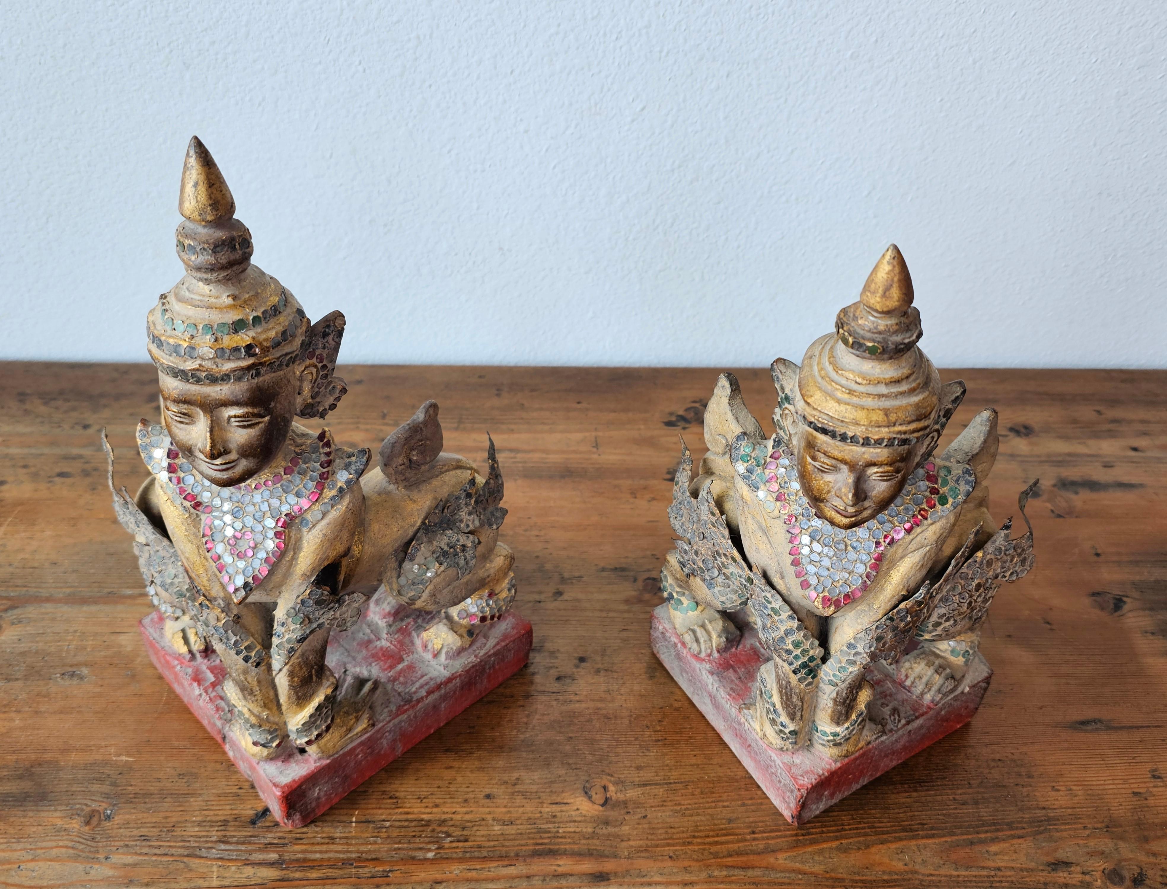 Antique Burmese Carved Gilt Wood Glass Jeweled Manussiha Figure Pair 2