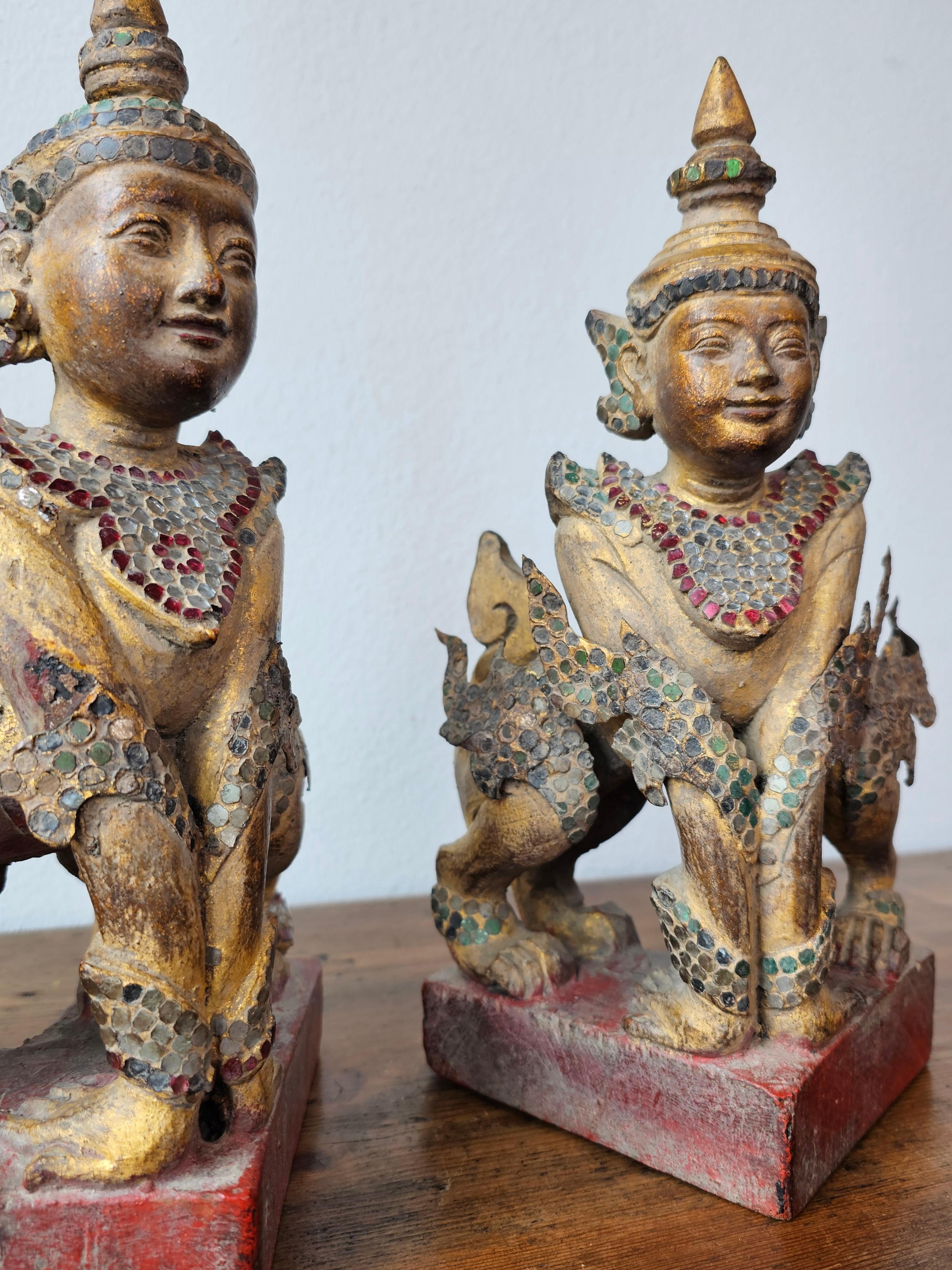 Antique Burmese Carved Gilt Wood Glass Jeweled Manussiha Figure Pair 3