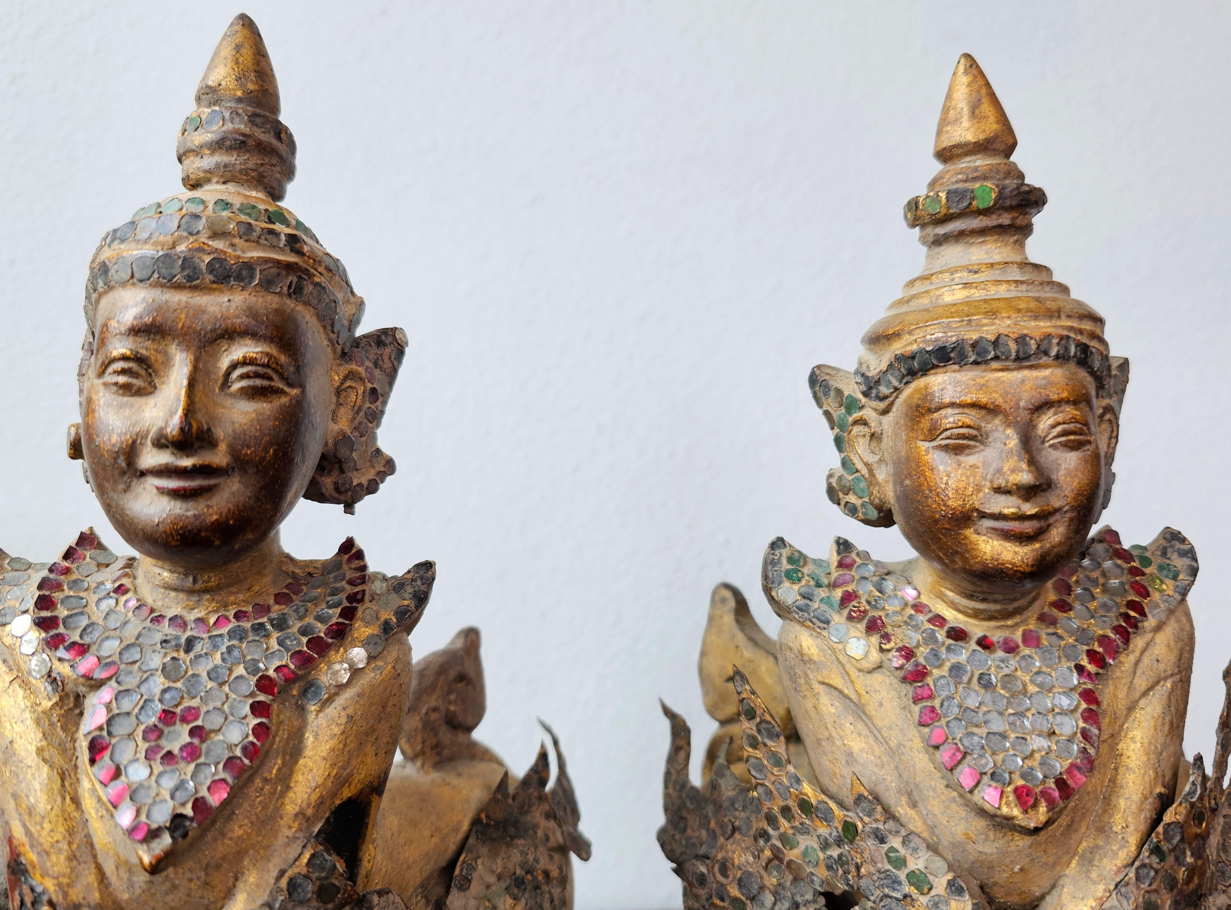 Antique Burmese Carved Gilt Wood Glass Jeweled Manussiha Figure Pair 4