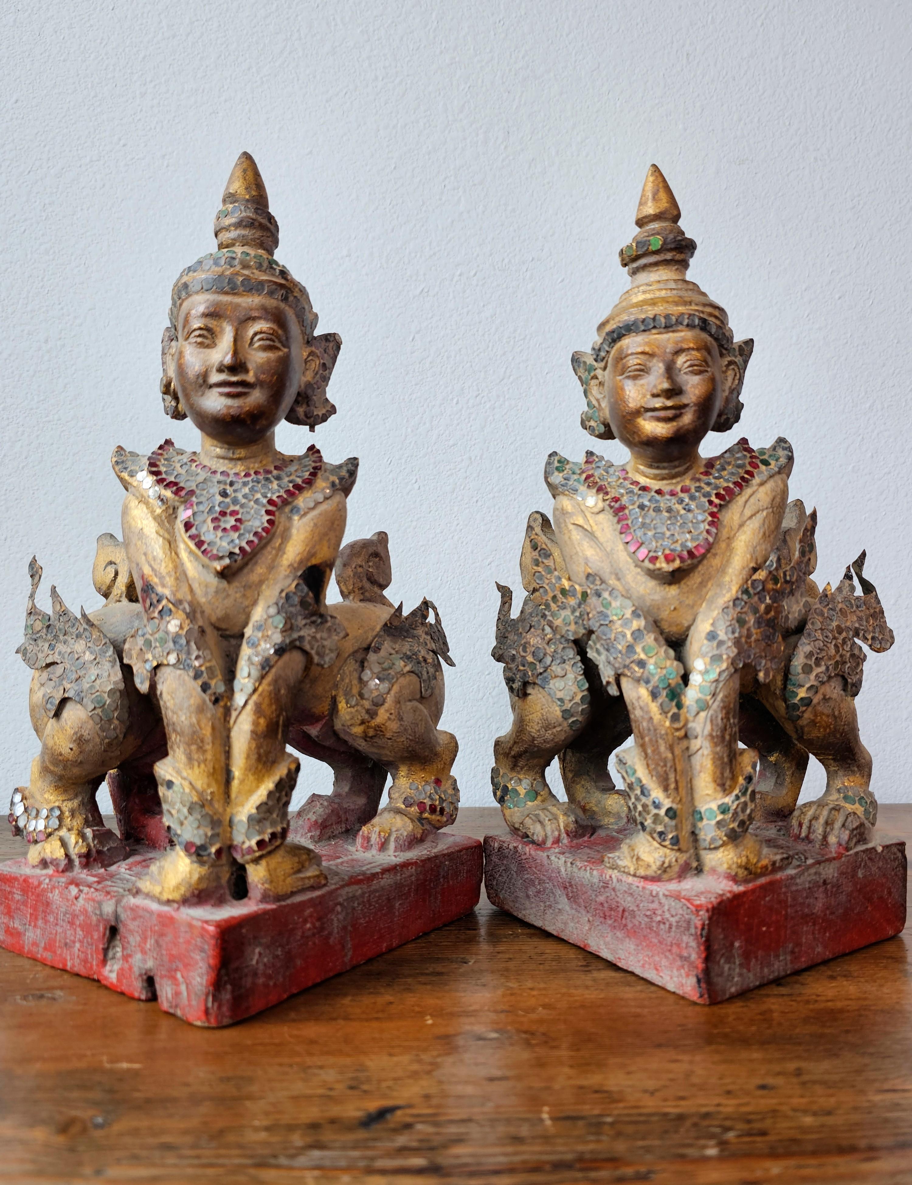 Antique Burmese Carved Gilt Wood Glass Jeweled Manussiha Figure Pair 5