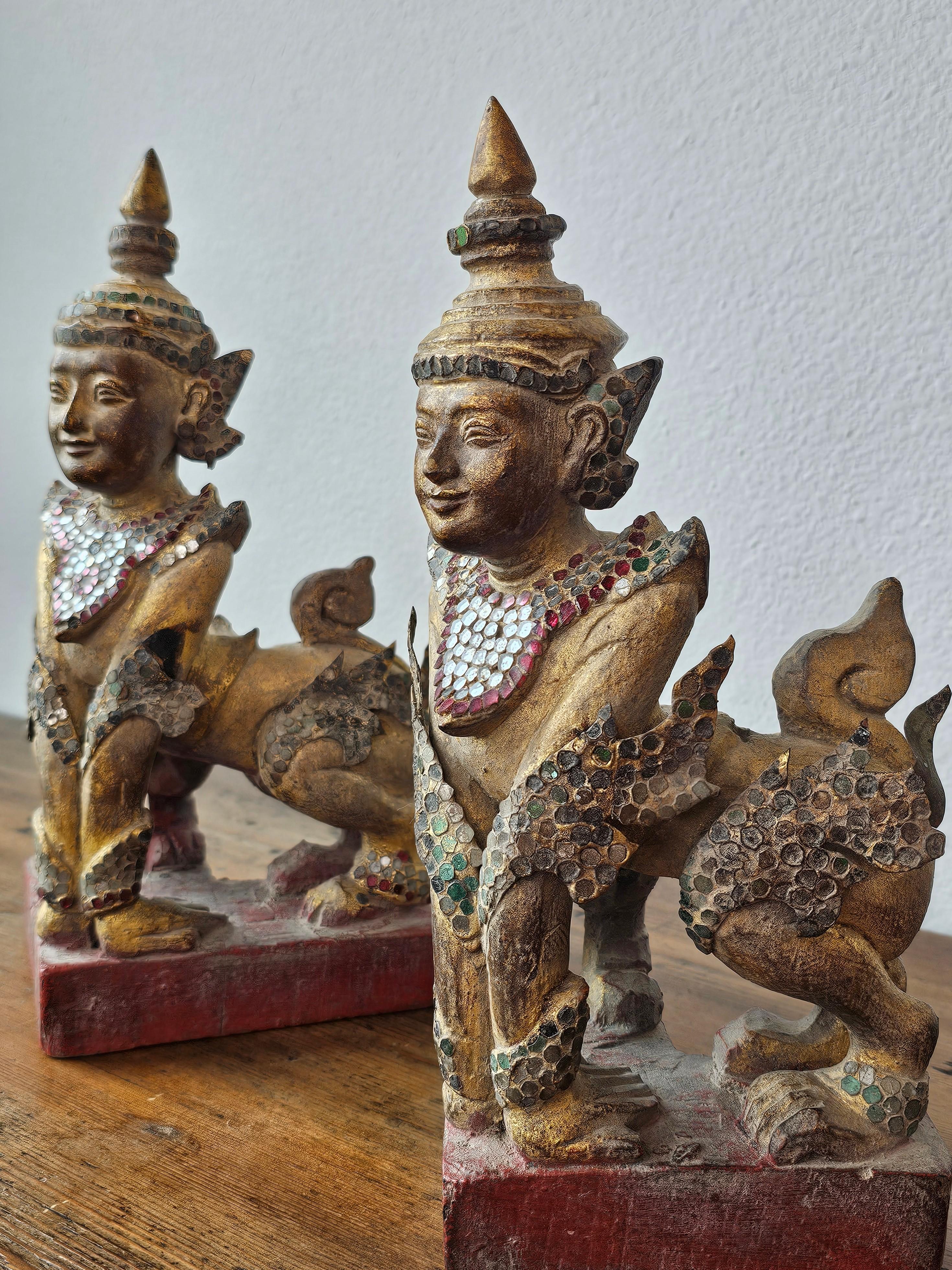 Antique Burmese Carved Gilt Wood Glass Jeweled Manussiha Figure Pair 6